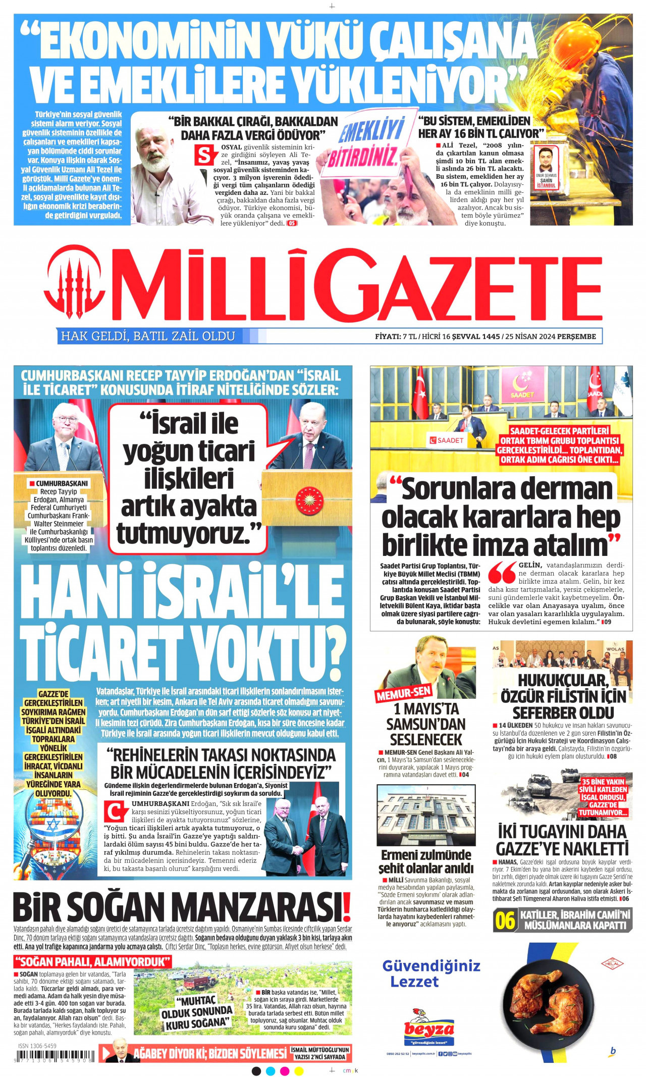 MİLLİ GAZETE gazetesinin 25 Nisan 2024 tarihli birinci sayfası
