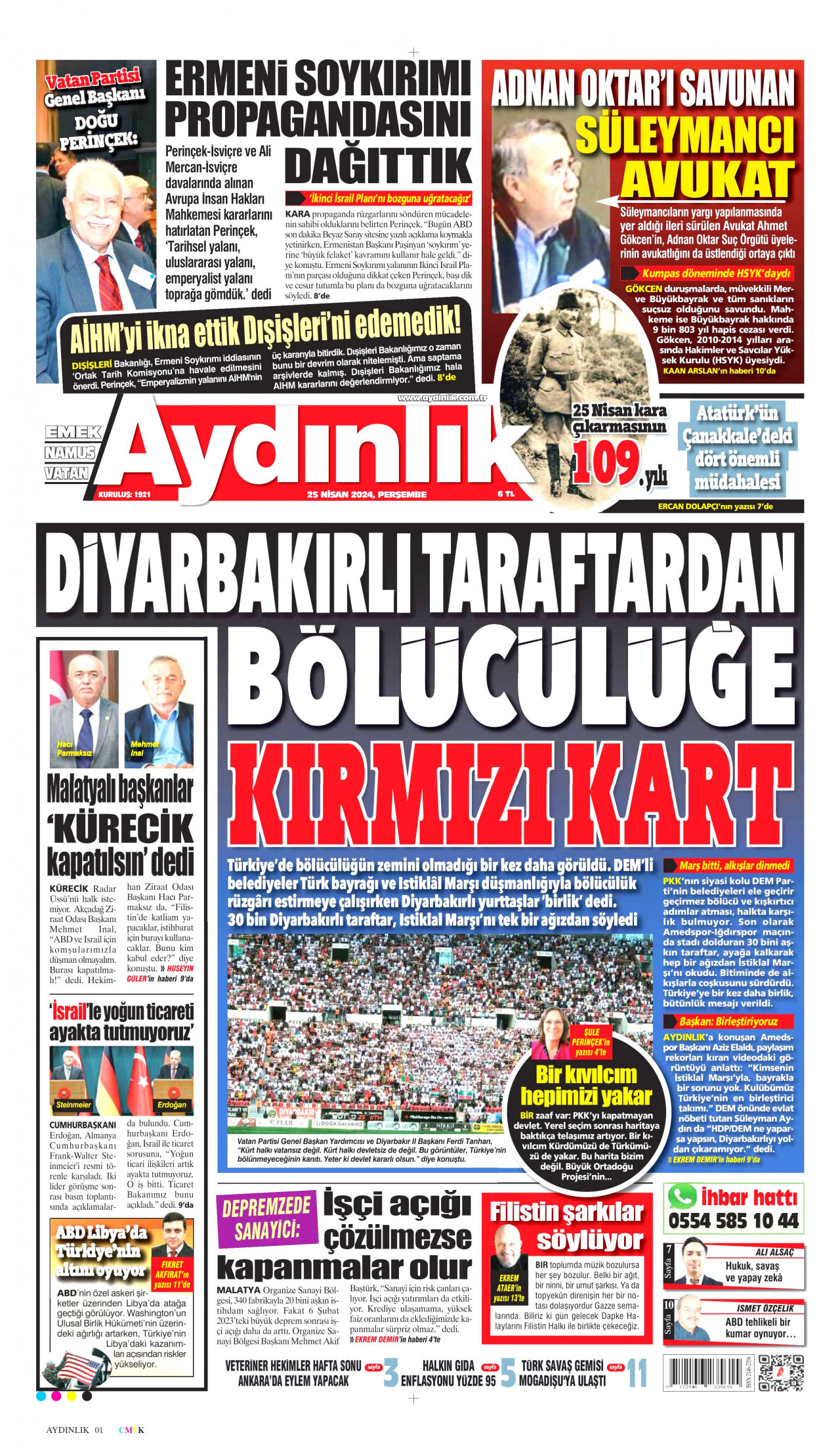 AYDINLIK GAZETESİ gazetesinin 25 Nisan 2024 tarihli birinci sayfası