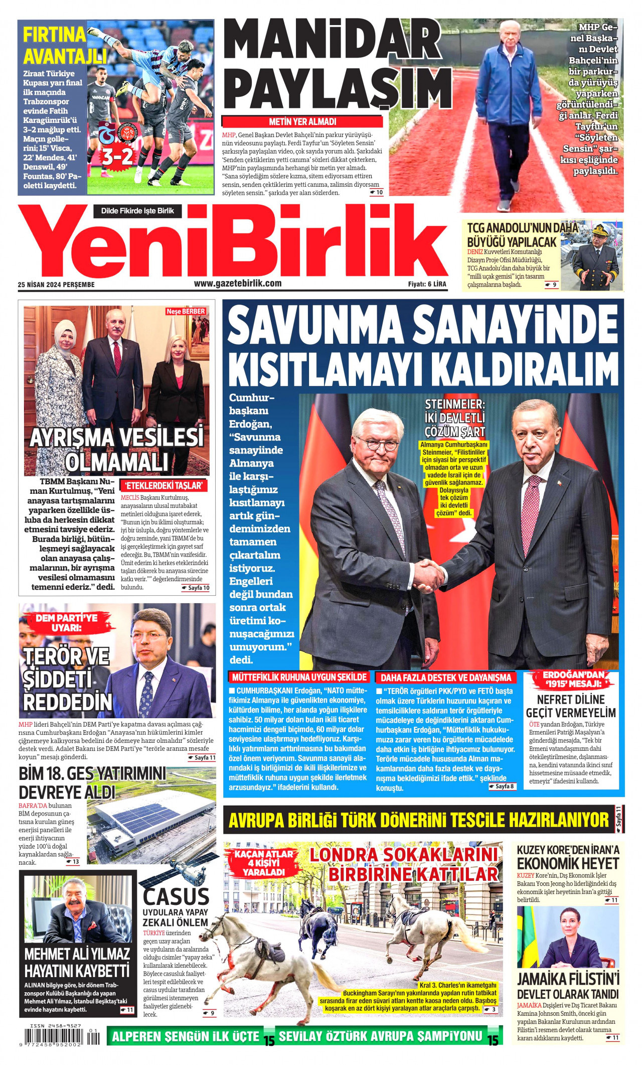 YENİBİRLİK gazetesinin 25 Nisan 2024 tarihli birinci sayfası