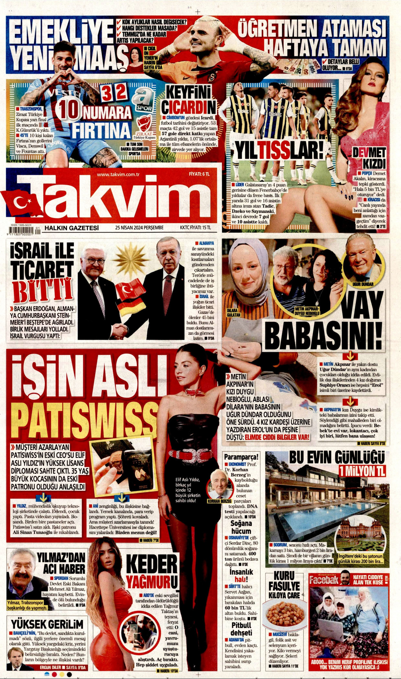 TAKVİM gazetesinin 25 Nisan 2024 tarihli birinci sayfası