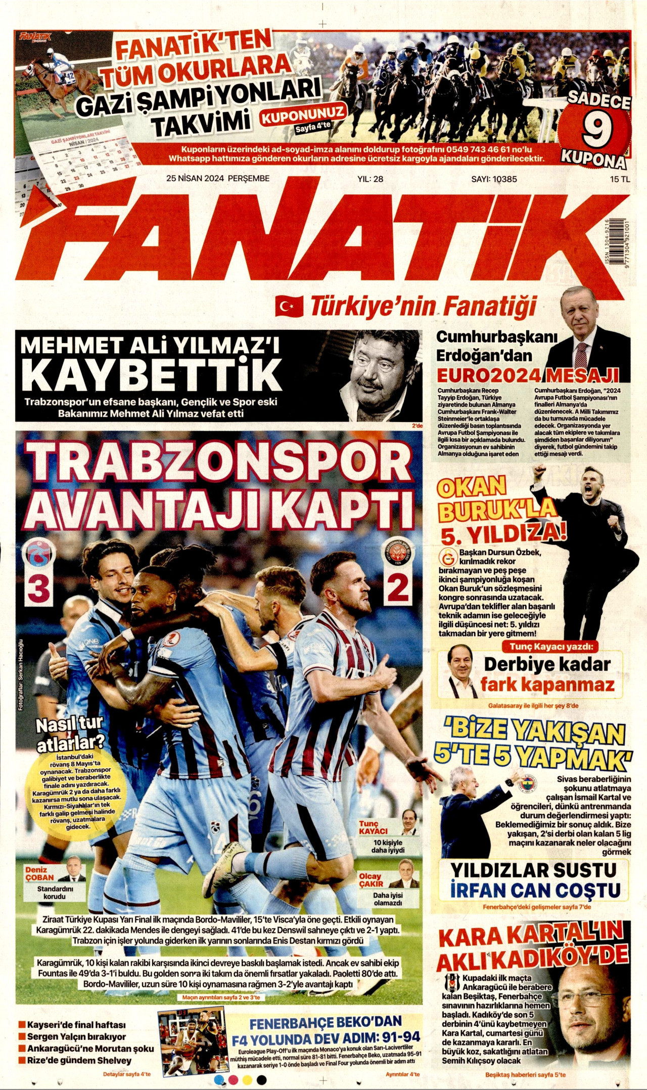 FANATİK gazetesinin 25 Nisan 2024 tarihli birinci sayfası