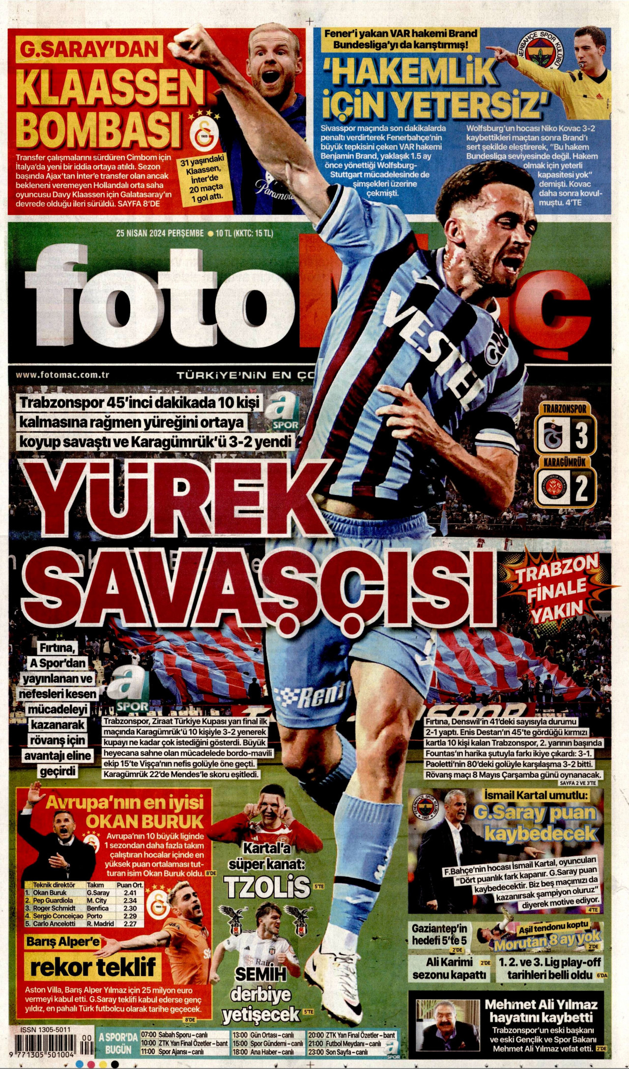 FOTOMAÇ gazetesinin 25 Nisan 2024 tarihli birinci sayfası