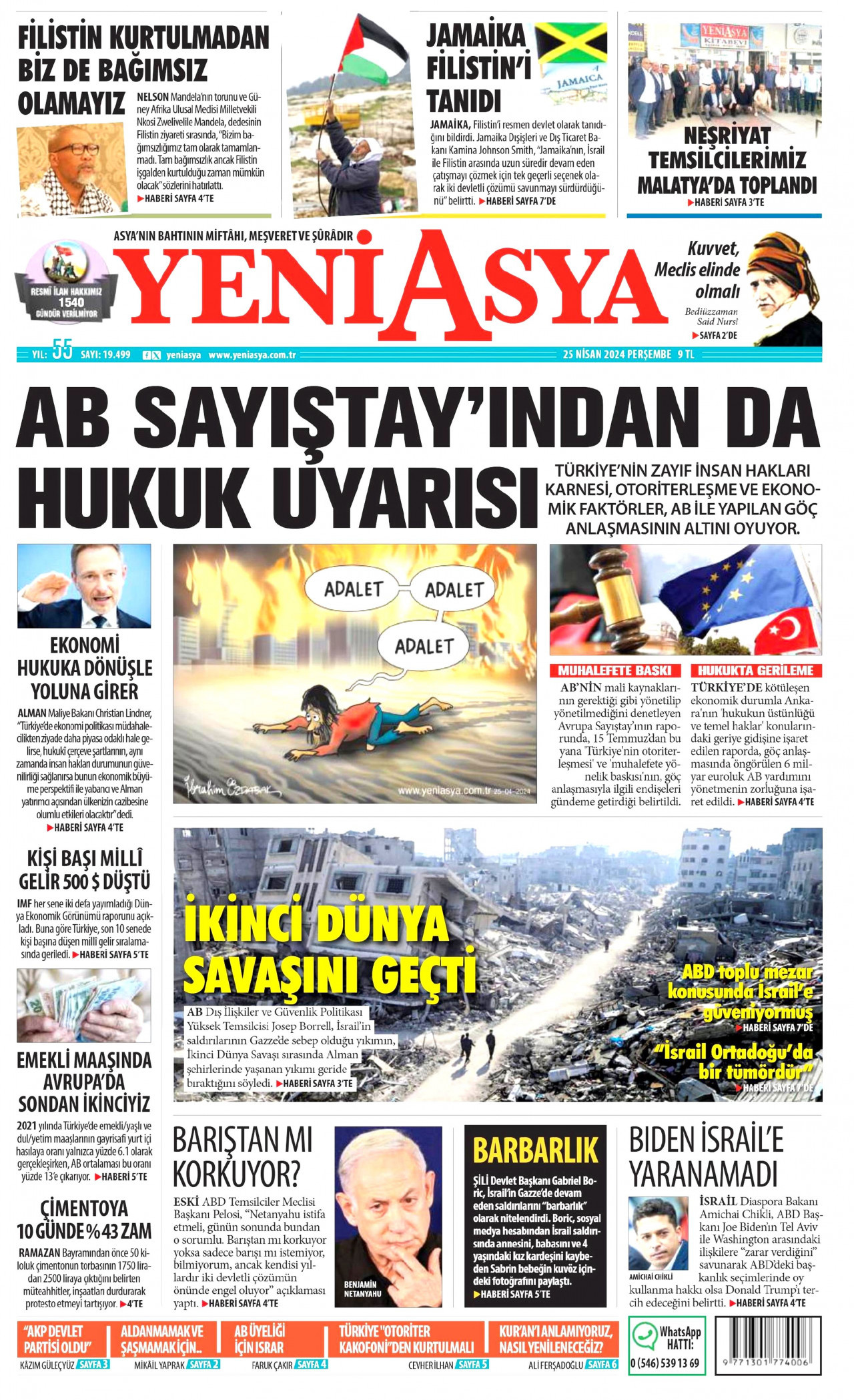 YENİ ASYA gazetesinin 25 Nisan 2024 tarihli birinci sayfası