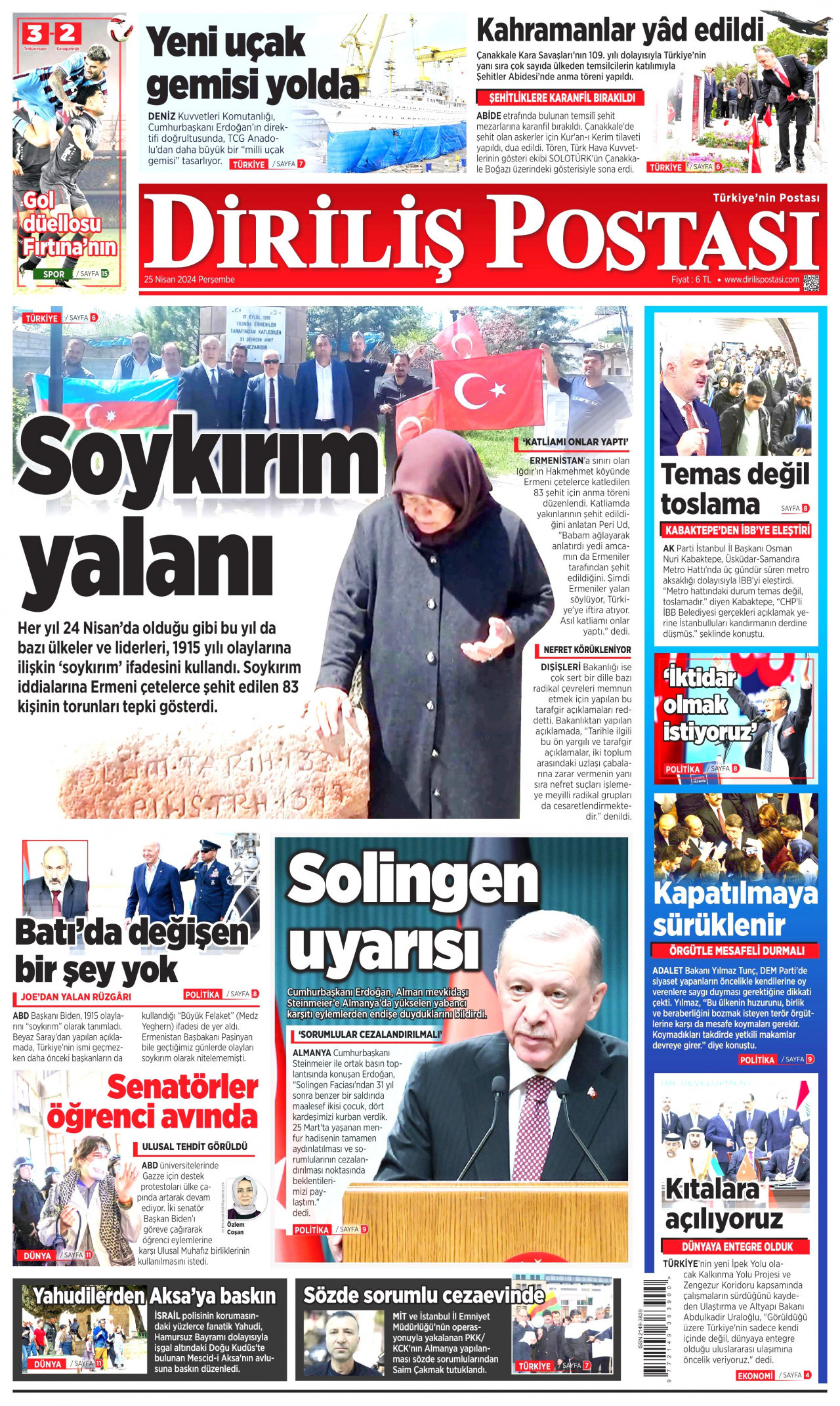 DİRİLİŞ POSTASI gazetesinin 25 Nisan 2024 tarihli birinci sayfası