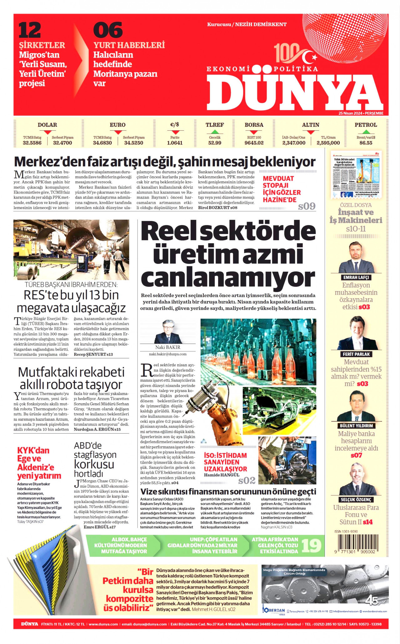 DÜNYA gazetesinin 25 Nisan 2024 tarihli birinci sayfası