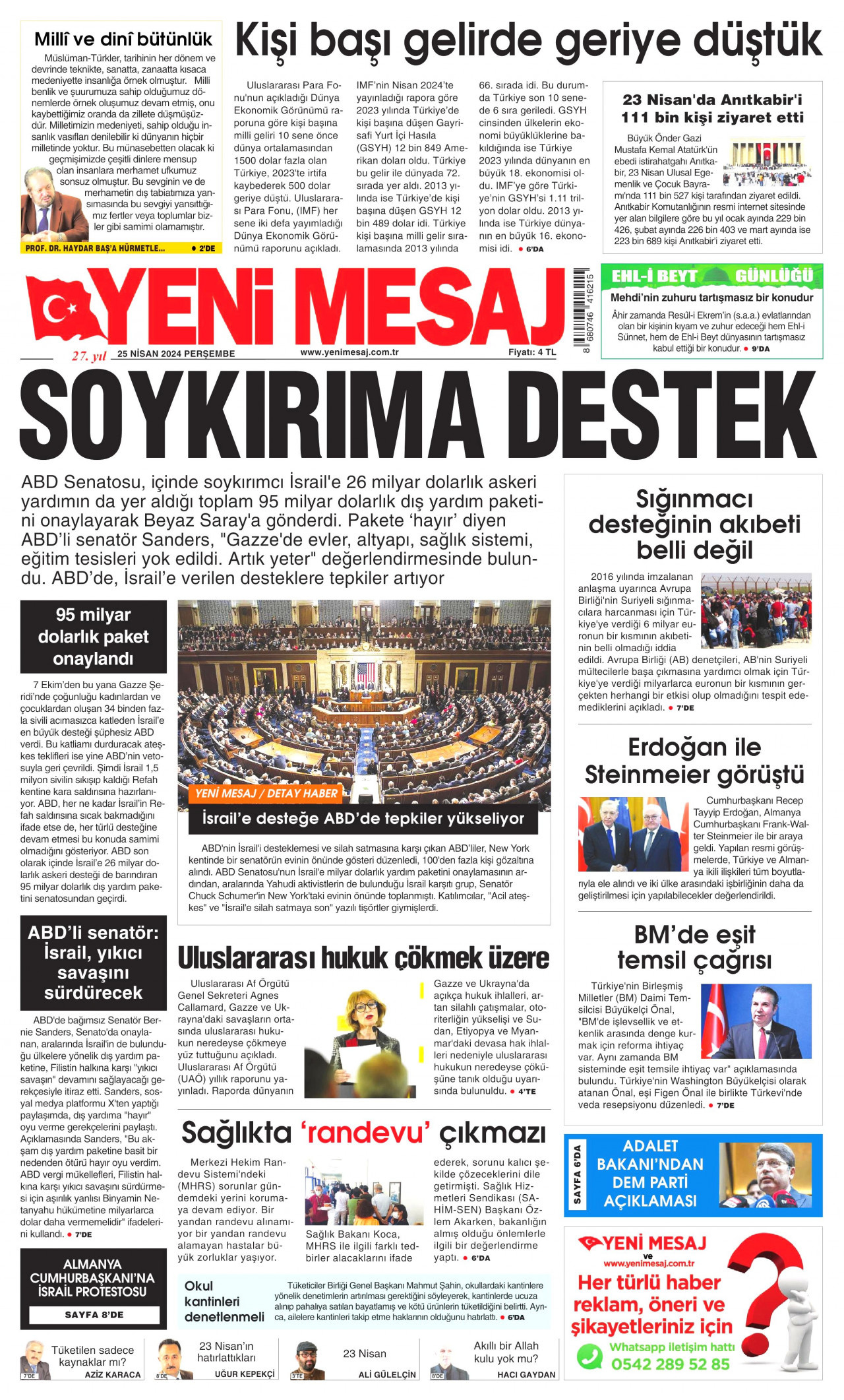 YENİ MESAJ gazetesinin 25 Nisan 2024 tarihli birinci sayfası