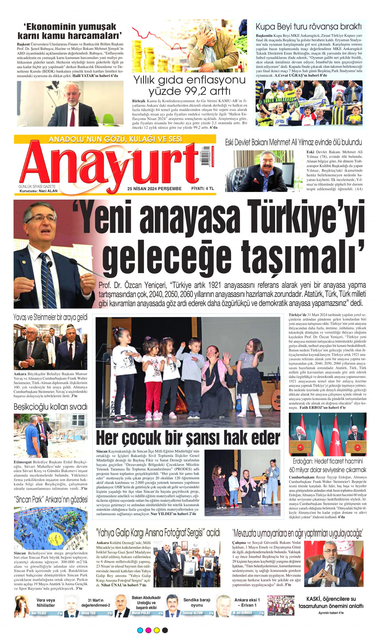 ANAYURT gazetesinin 25 Nisan 2024 tarihli birinci sayfası