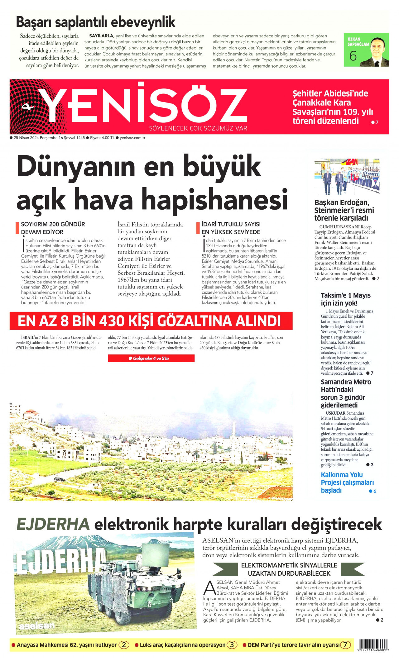 YENİ SÖZ GAZETESİ gazetesinin 25 Nisan 2024 tarihli birinci sayfası