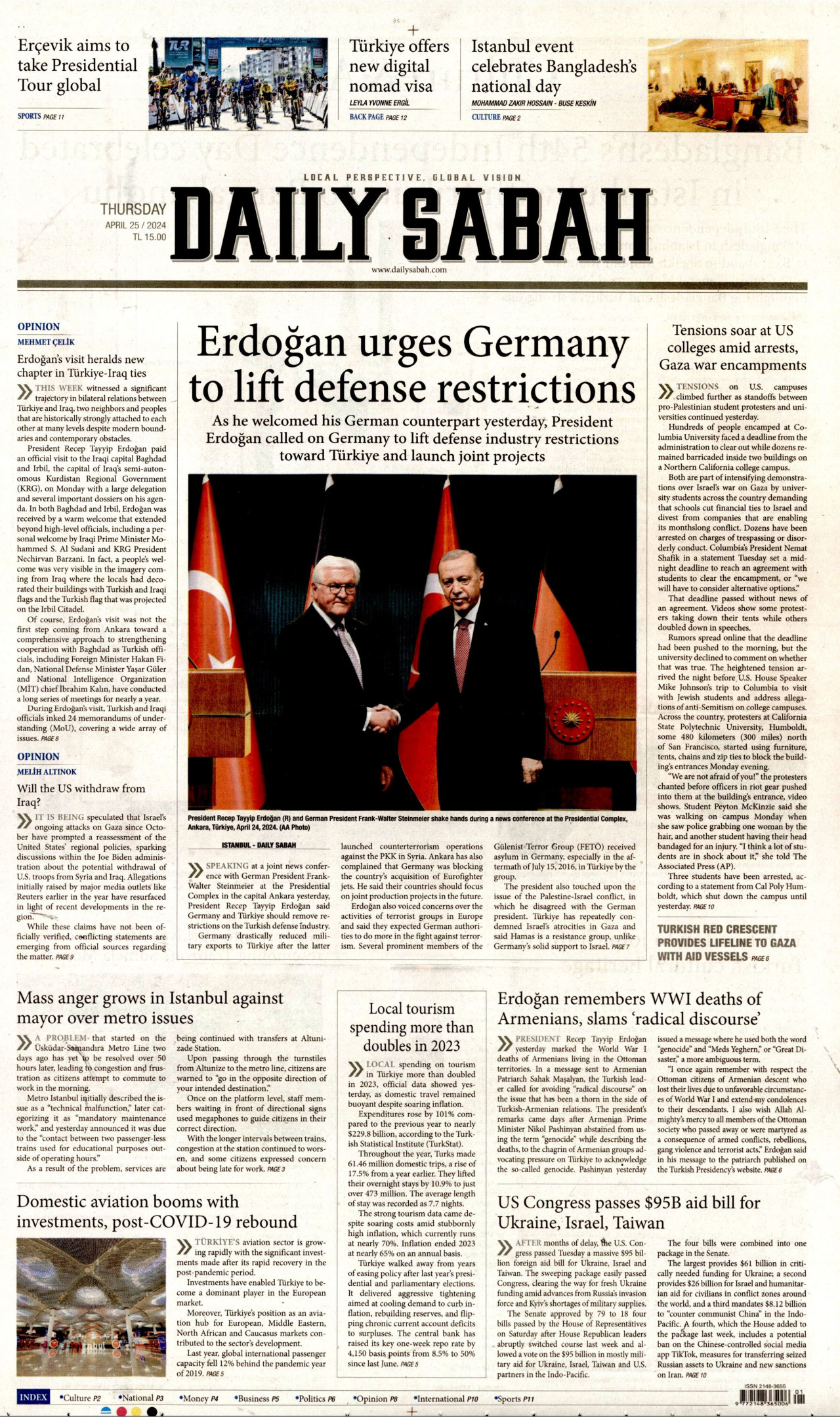 DAİLY SABAH gazetesinin 25 Nisan 2024 tarihli birinci sayfası