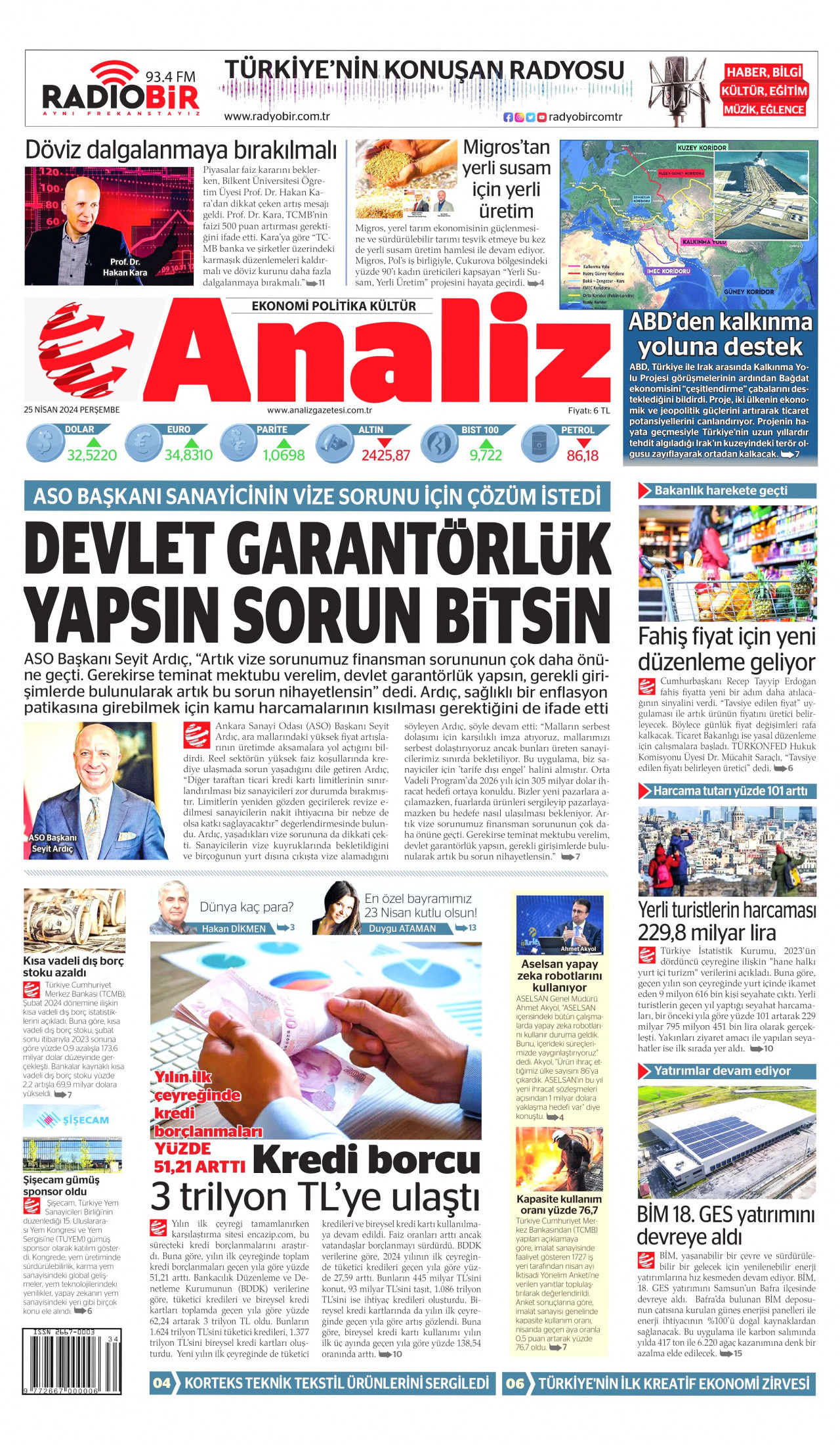 ANALİZ gazetesinin 25 Nisan 2024 tarihli birinci sayfası