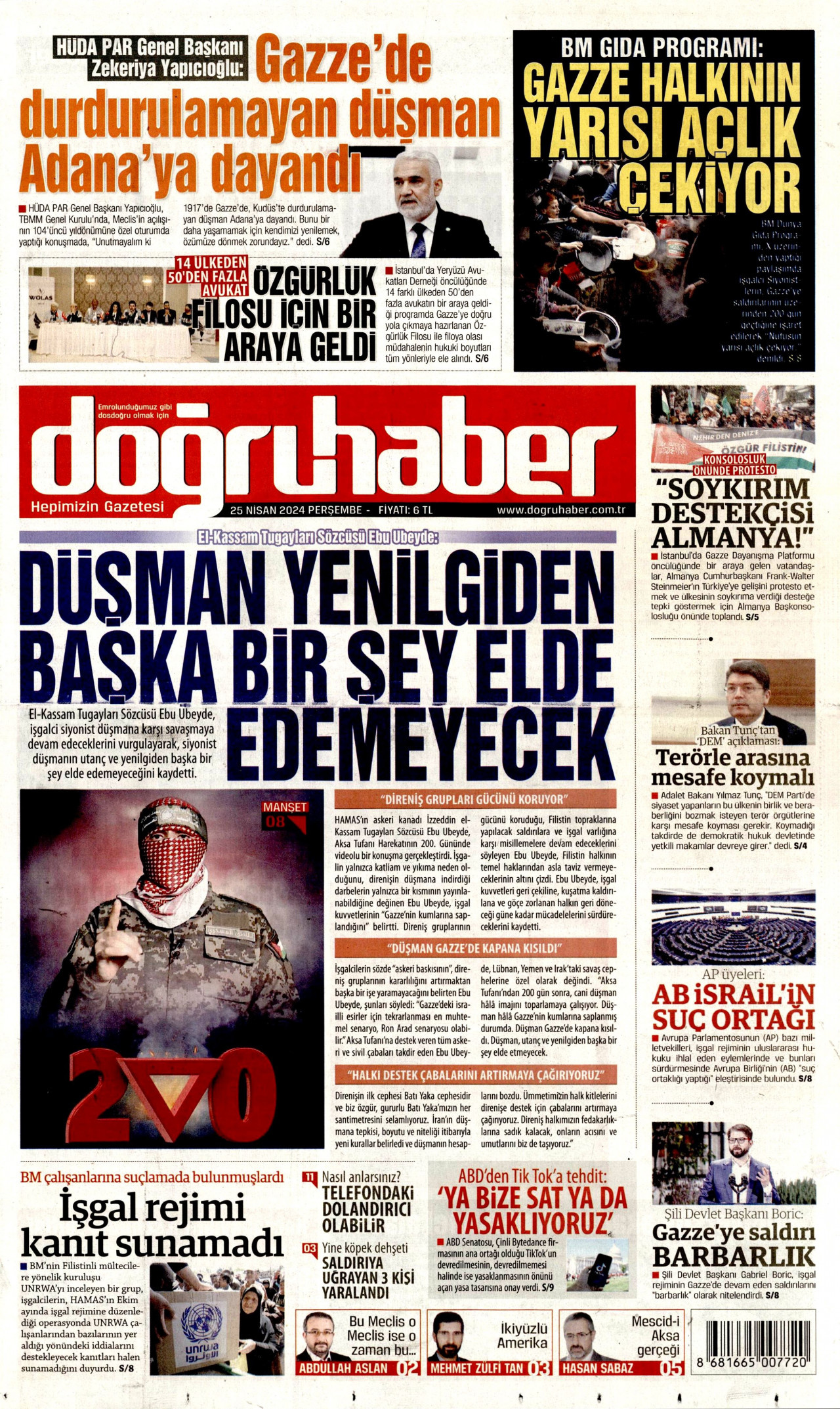 DOĞRU HABER gazetesinin 25 Nisan 2024 tarihli birinci sayfası