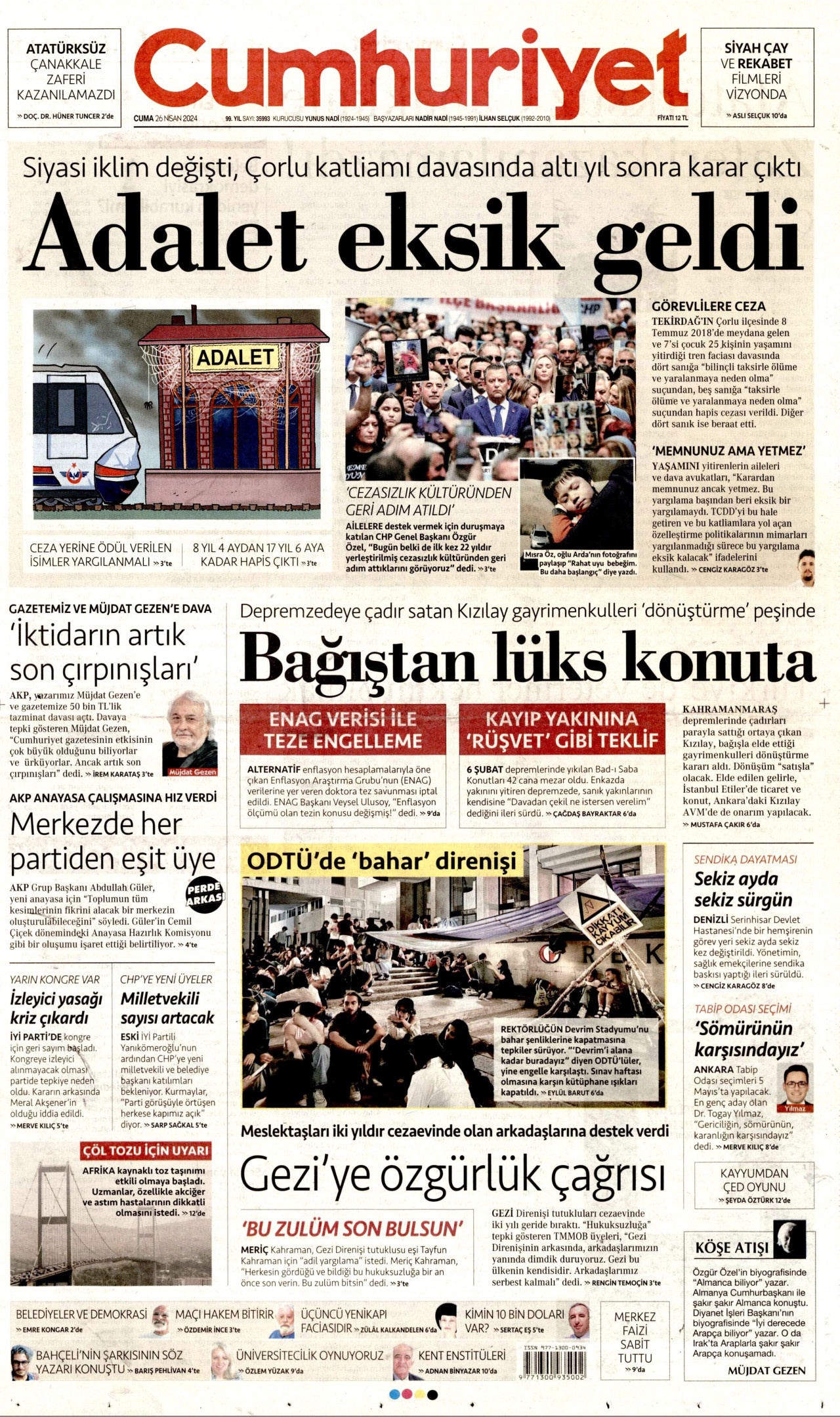 CUMHURİYET gazetesinin 26 Nisan 2024 tarihli birinci sayfası