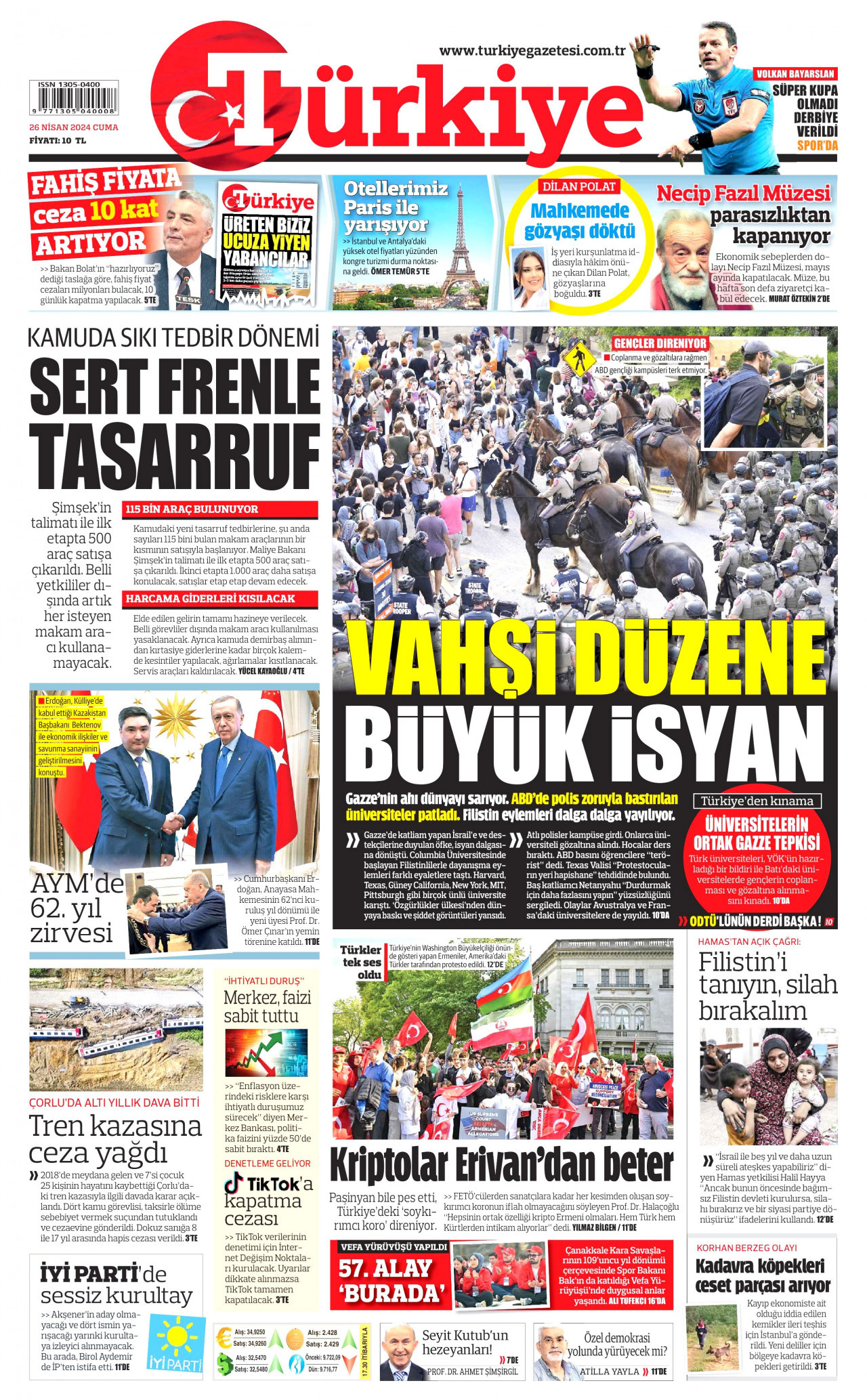 TÜRKİYE GAZETESİ gazetesinin 26 Nisan 2024 tarihli birinci sayfası