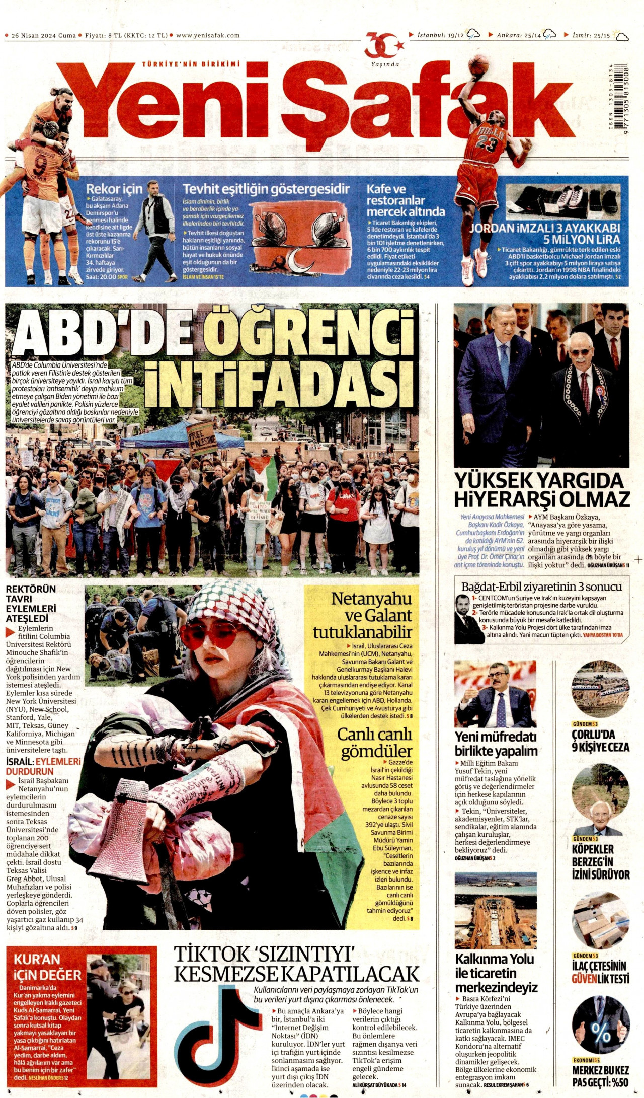 YENİ ŞAFAK gazetesinin 26 Nisan 2024 tarihli birinci sayfası
