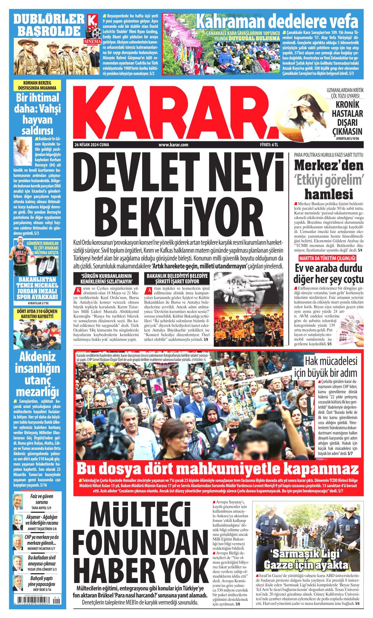 KARAR gazetesinin 26 Nisan 2024 tarihli birinci sayfası