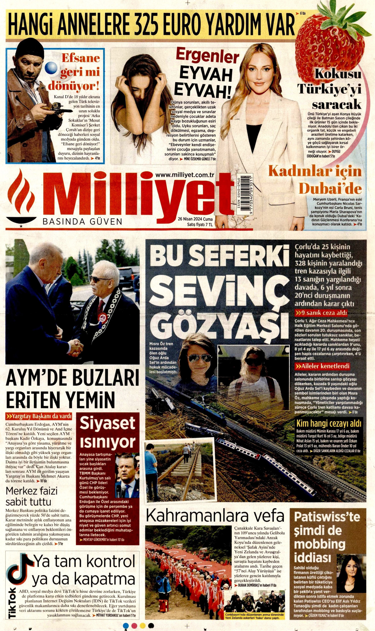 MİLLİYET gazetesinin 26 Nisan 2024 tarihli birinci sayfası