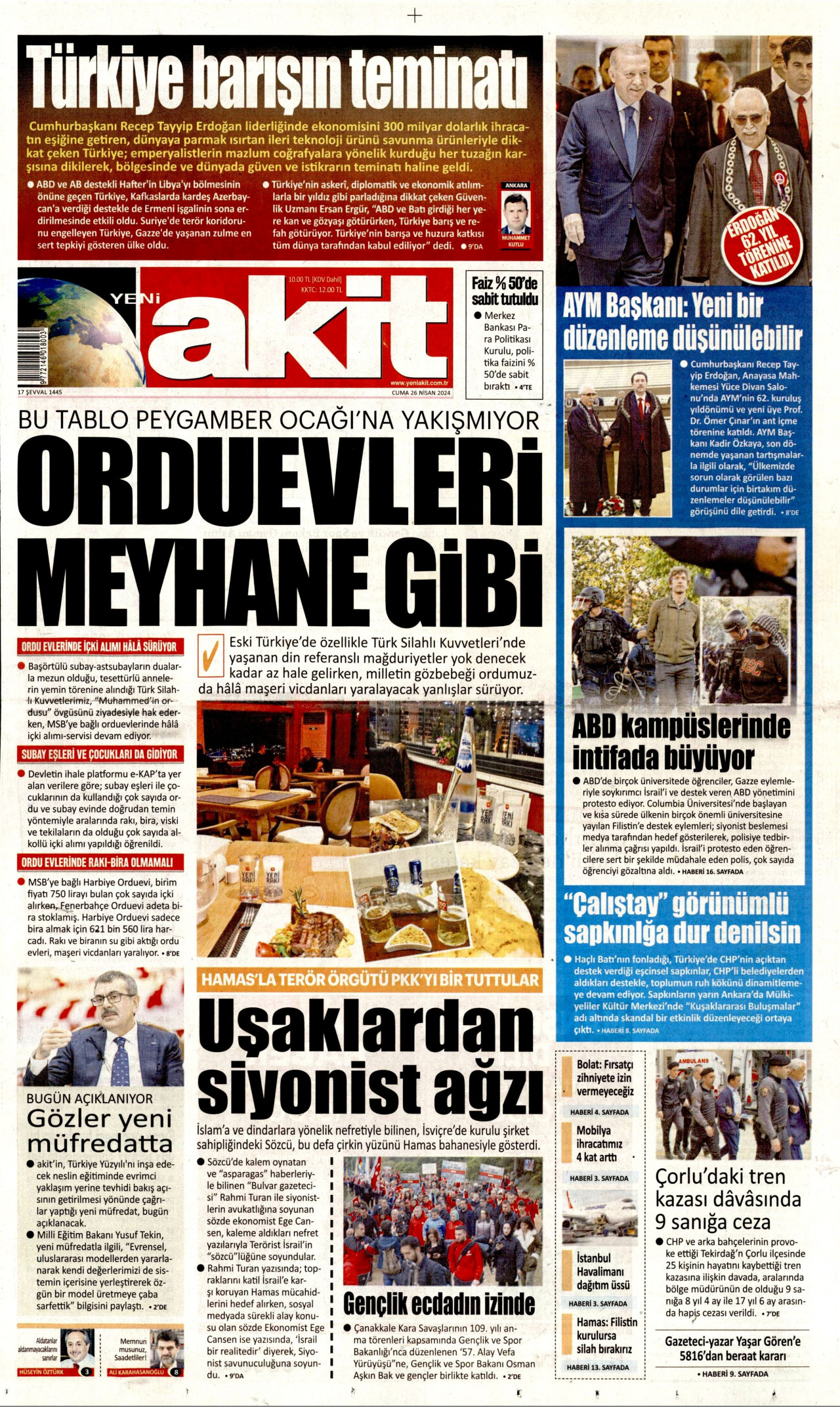YENİ AKİT gazetesinin 26 Nisan 2024 tarihli birinci sayfası