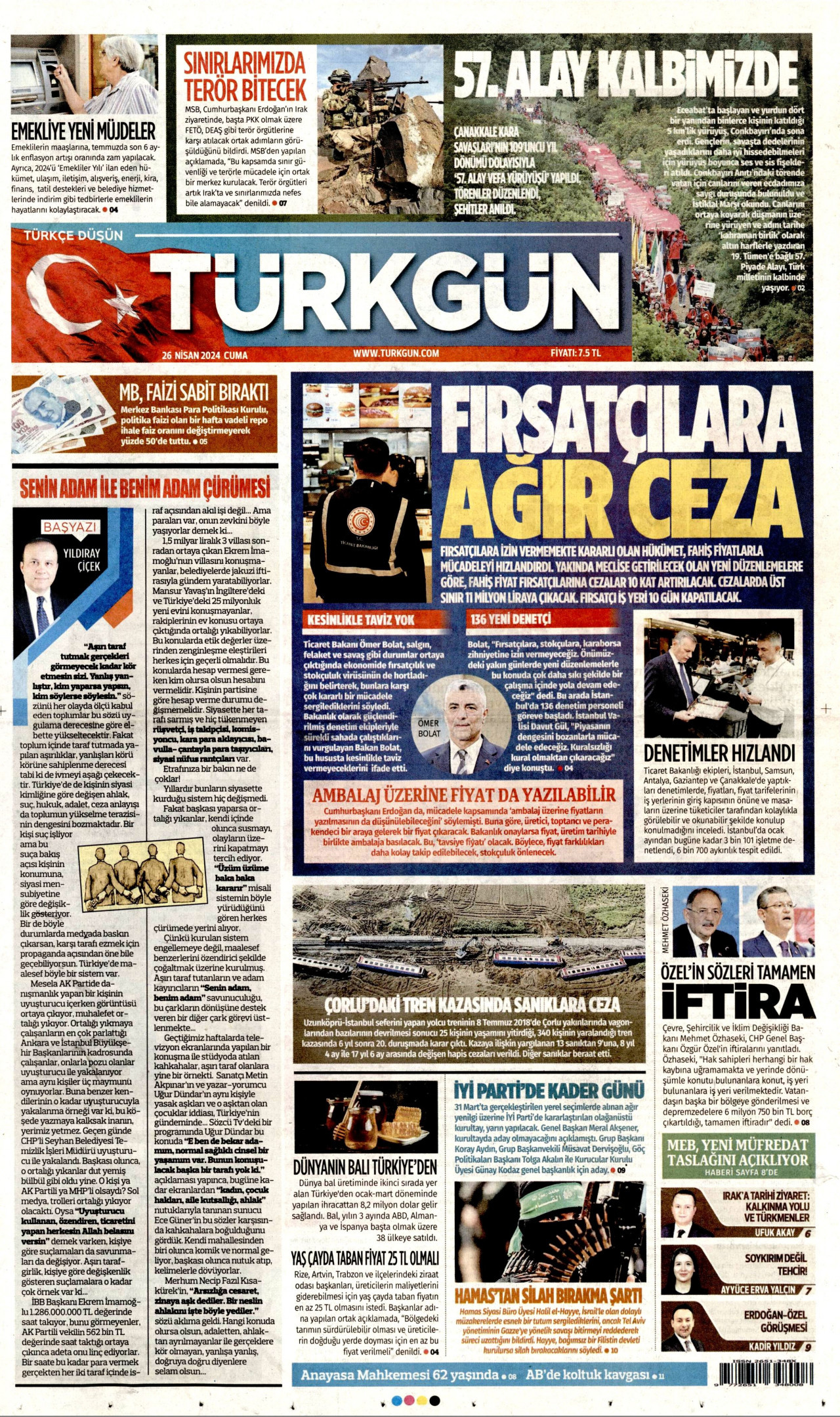 TÜRKGÜN gazetesinin 26 Nisan 2024 tarihli birinci sayfası