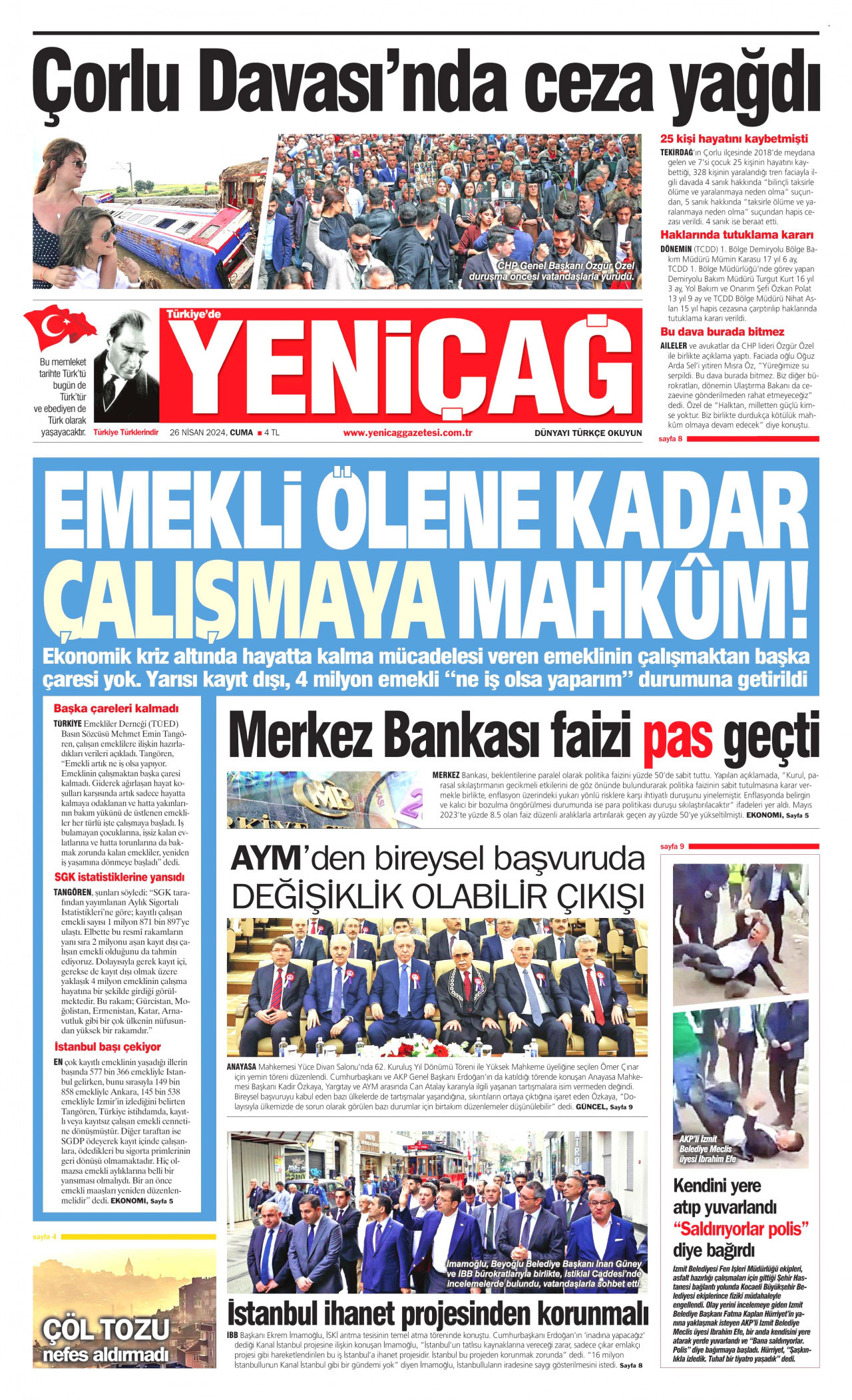 YENİÇAĞ gazetesinin 26 Nisan 2024 tarihli birinci sayfası