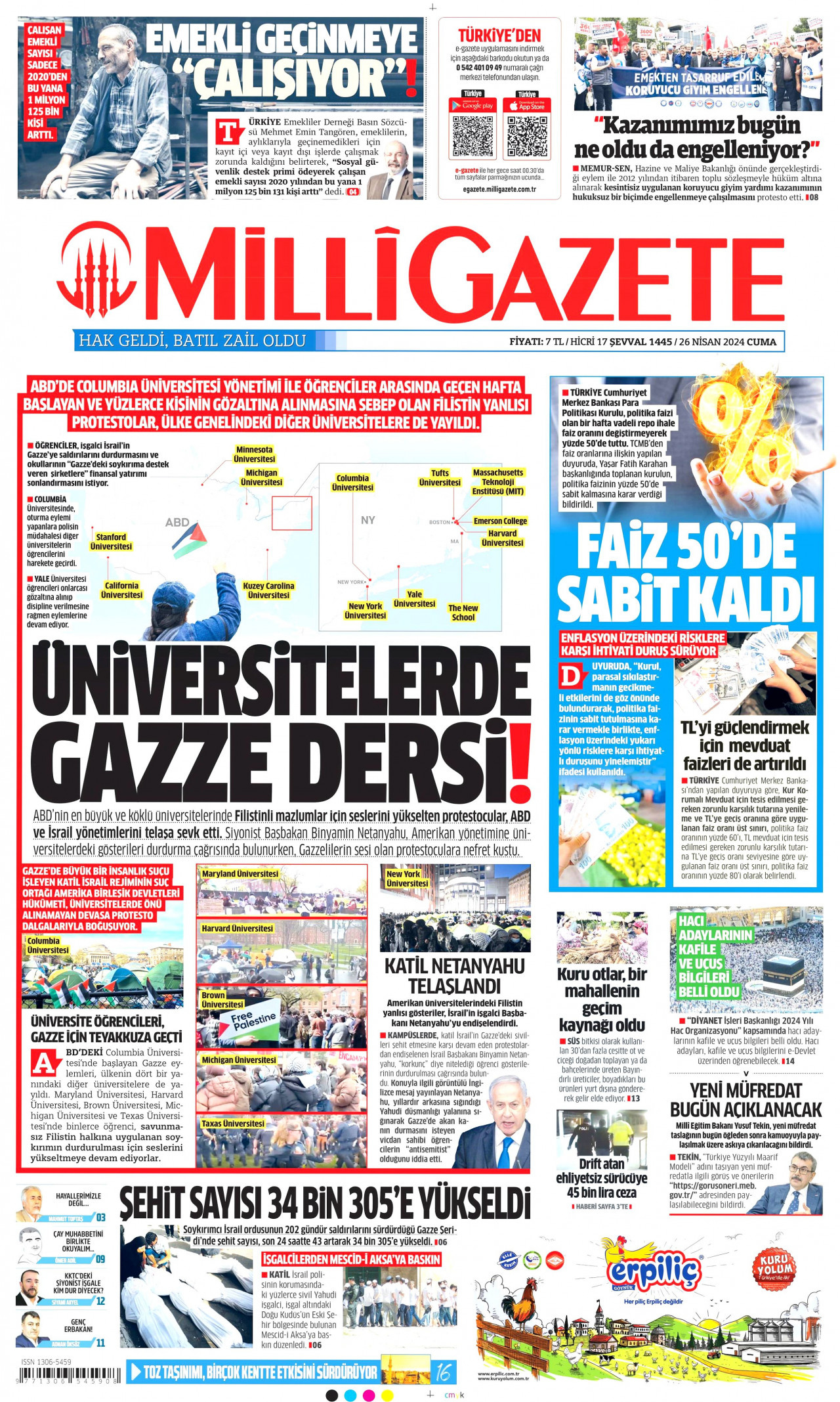 MİLLİ GAZETE gazetesinin 26 Nisan 2024 tarihli birinci sayfası