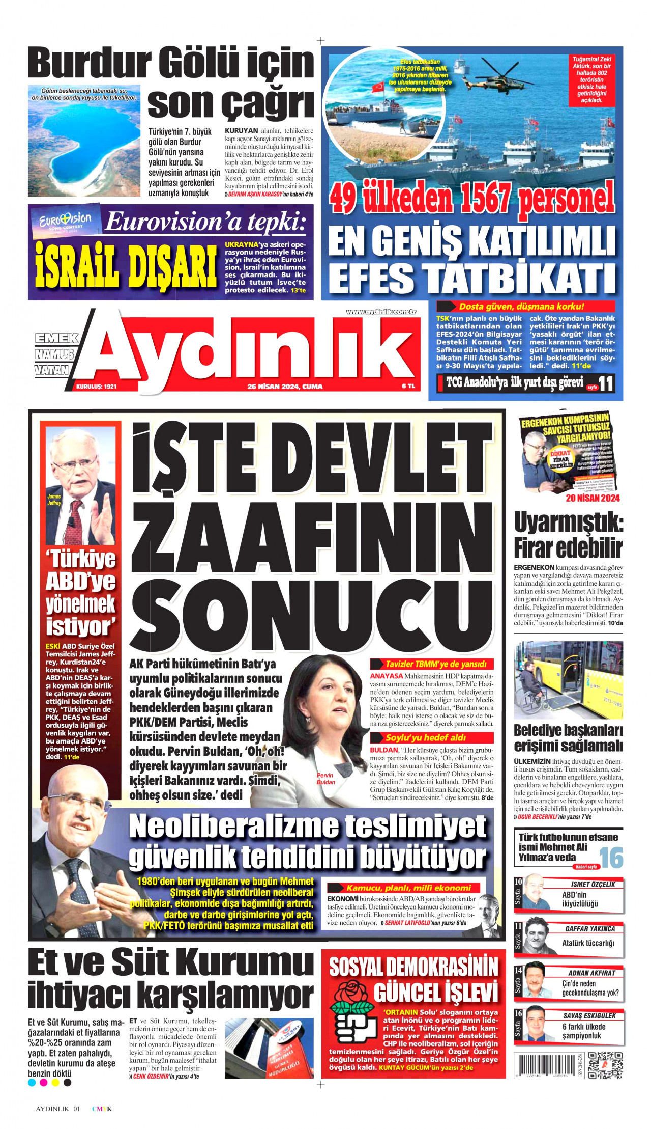 AYDINLIK GAZETESİ gazetesinin 26 Nisan 2024 tarihli birinci sayfası