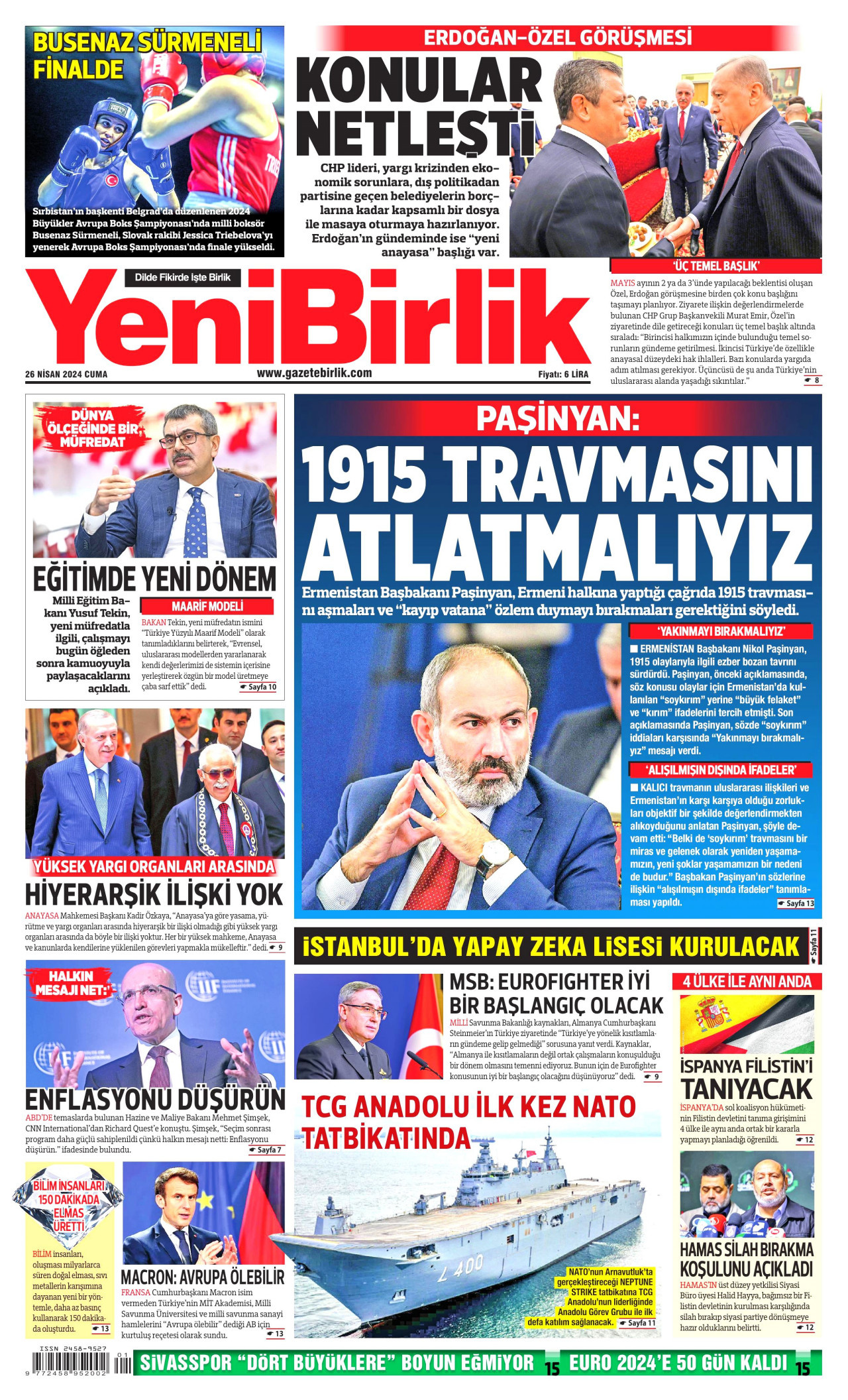 YENİBİRLİK gazetesinin 26 Nisan 2024 tarihli birinci sayfası