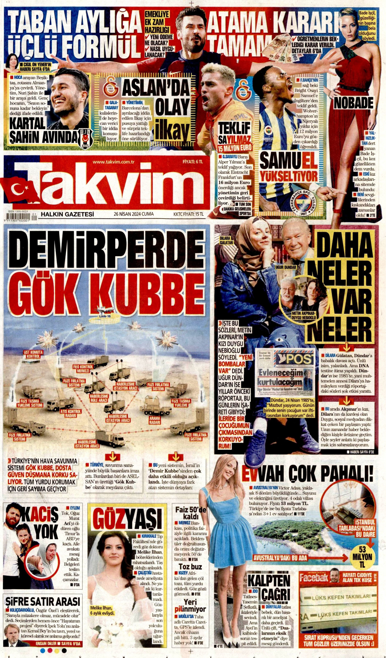 TAKVİM gazetesinin 26 Nisan 2024 tarihli birinci sayfası