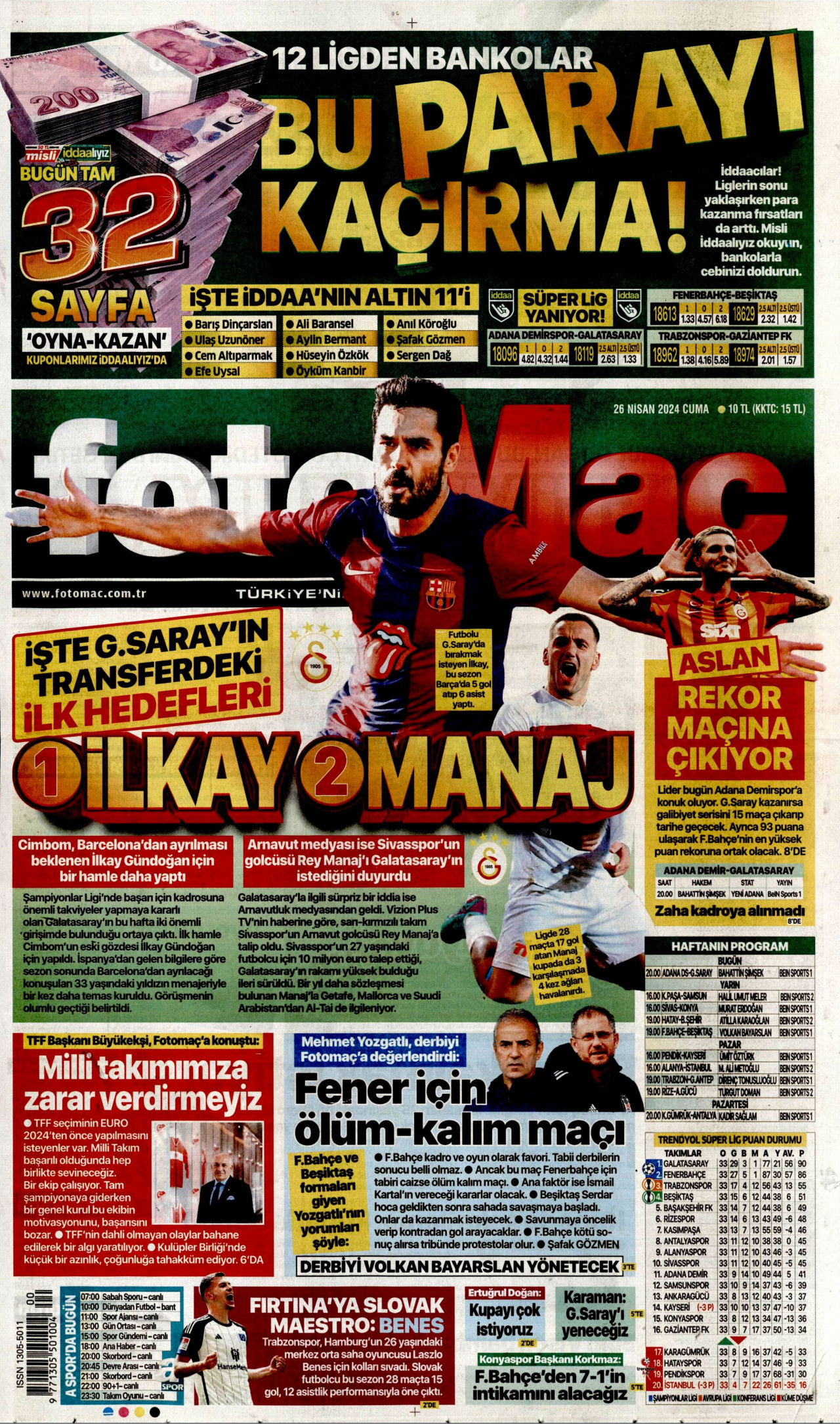 FOTOMAÇ gazetesinin 26 Nisan 2024 tarihli birinci sayfası