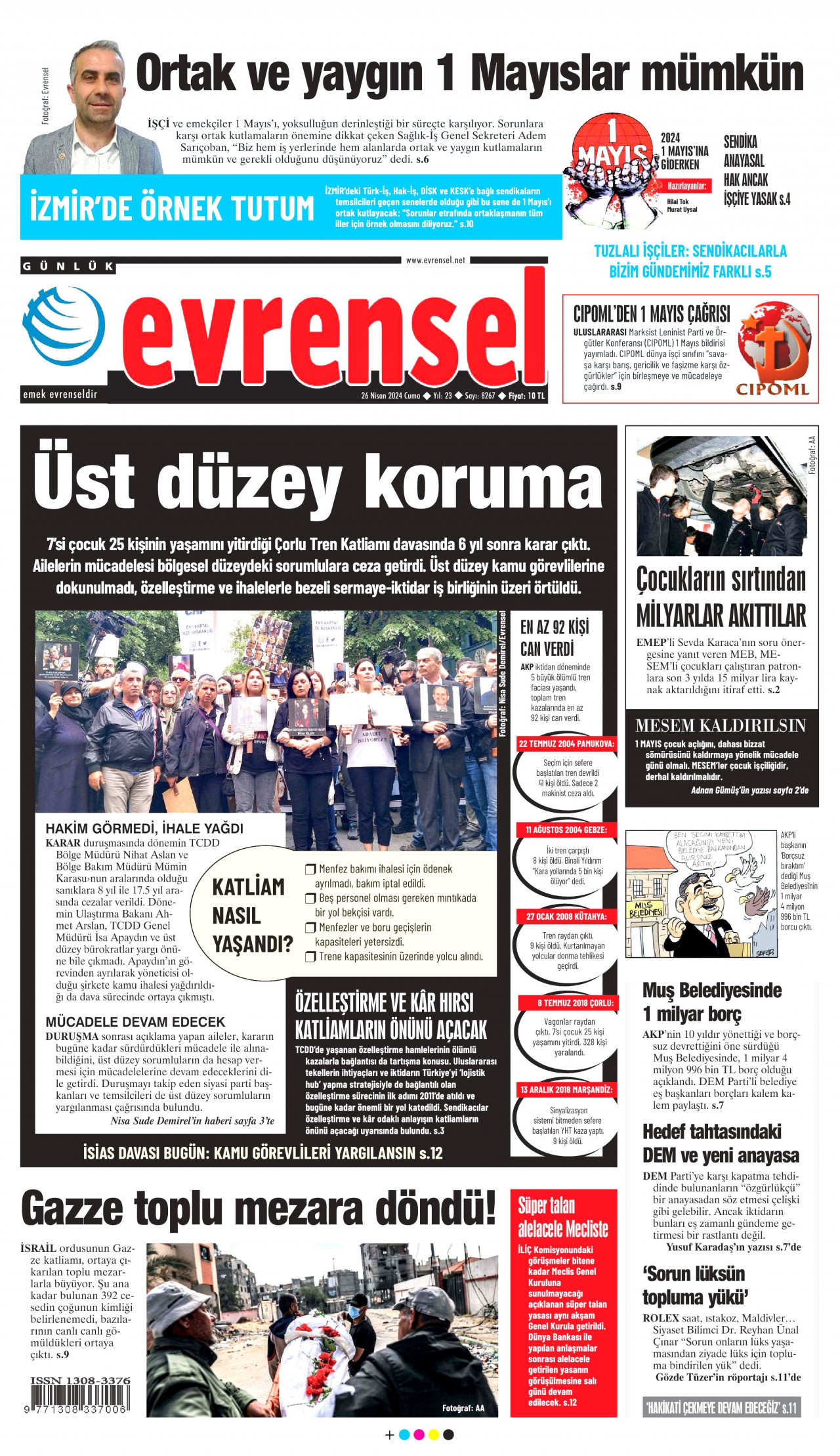 EVRENSEL gazetesinin 26 Nisan 2024 tarihli birinci sayfası