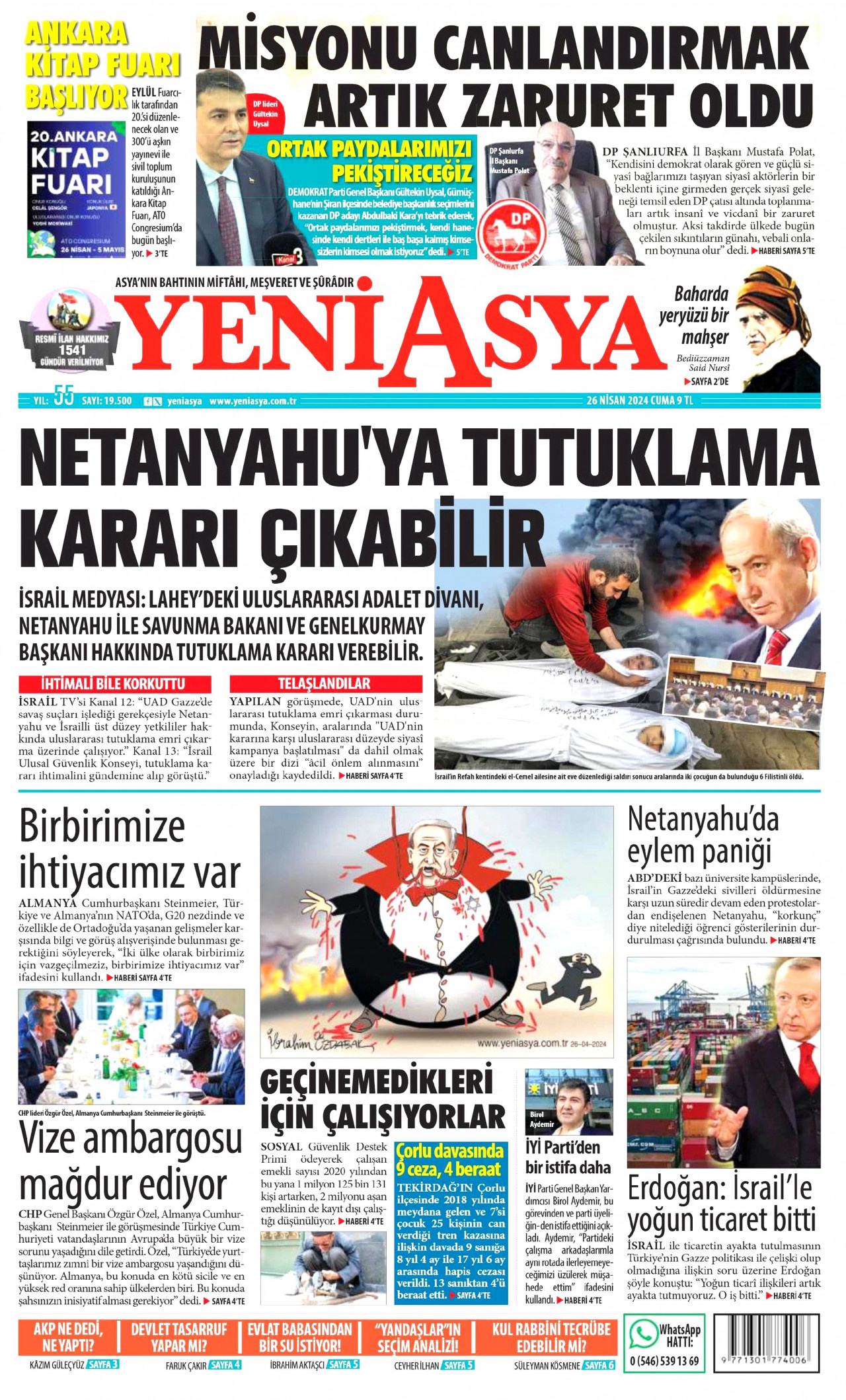 YENİ ASYA gazetesinin 26 Nisan 2024 tarihli birinci sayfası