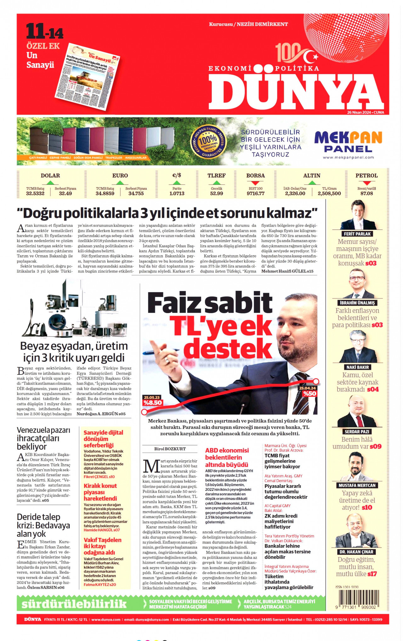 DÜNYA gazetesinin 26 Nisan 2024 tarihli birinci sayfası