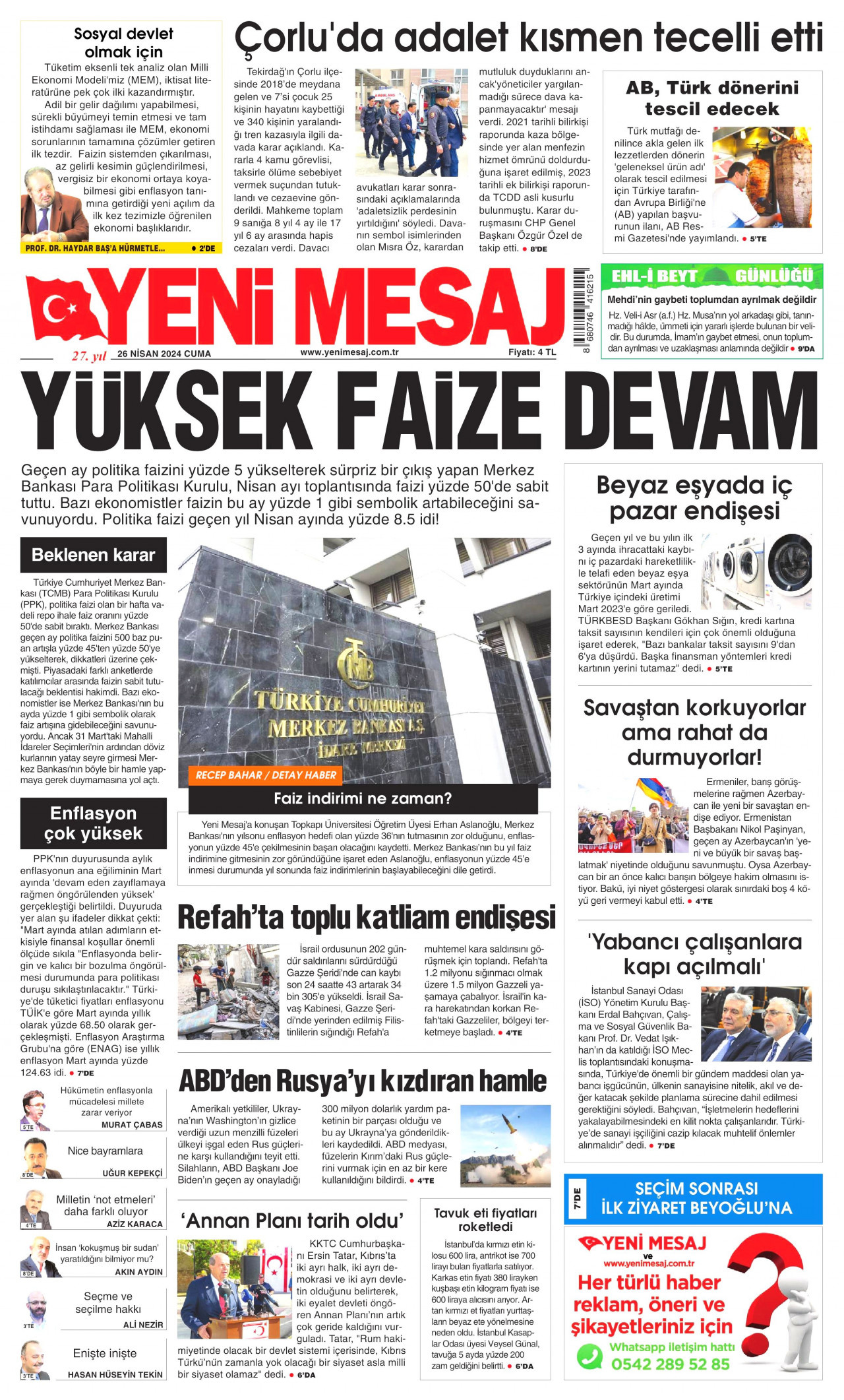 YENİ MESAJ gazetesinin 26 Nisan 2024 tarihli birinci sayfası