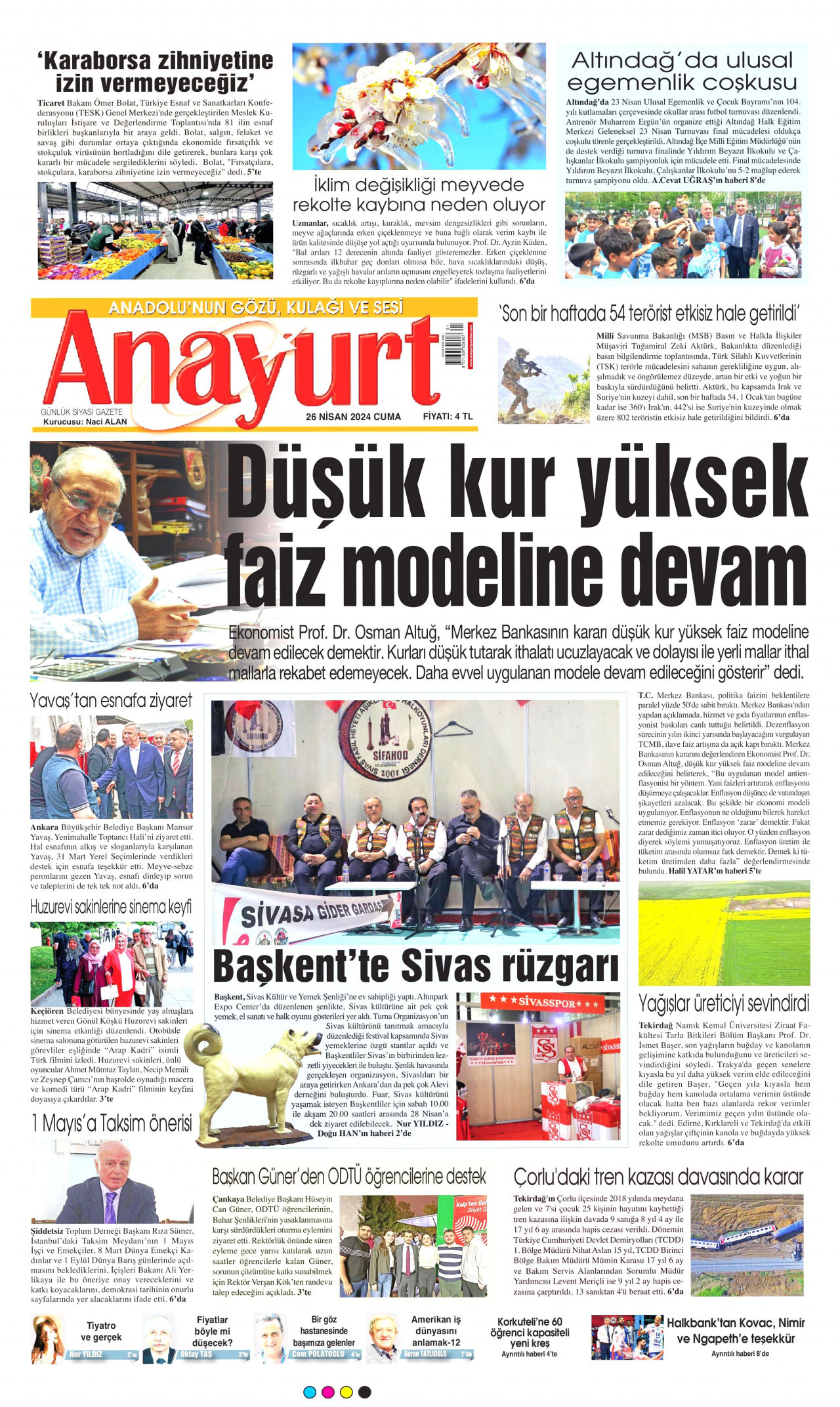 ANAYURT gazetesinin 26 Nisan 2024 tarihli birinci sayfası