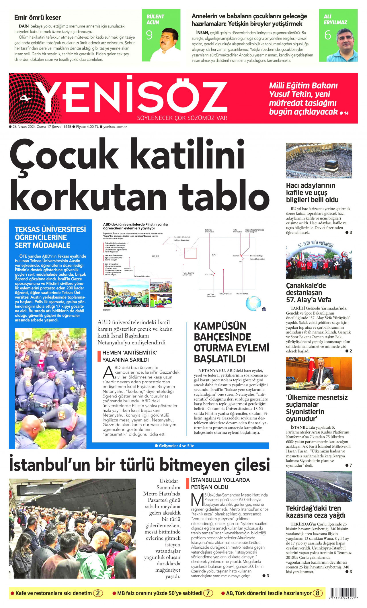 YENİ SÖZ GAZETESİ gazetesinin 26 Nisan 2024 tarihli birinci sayfası