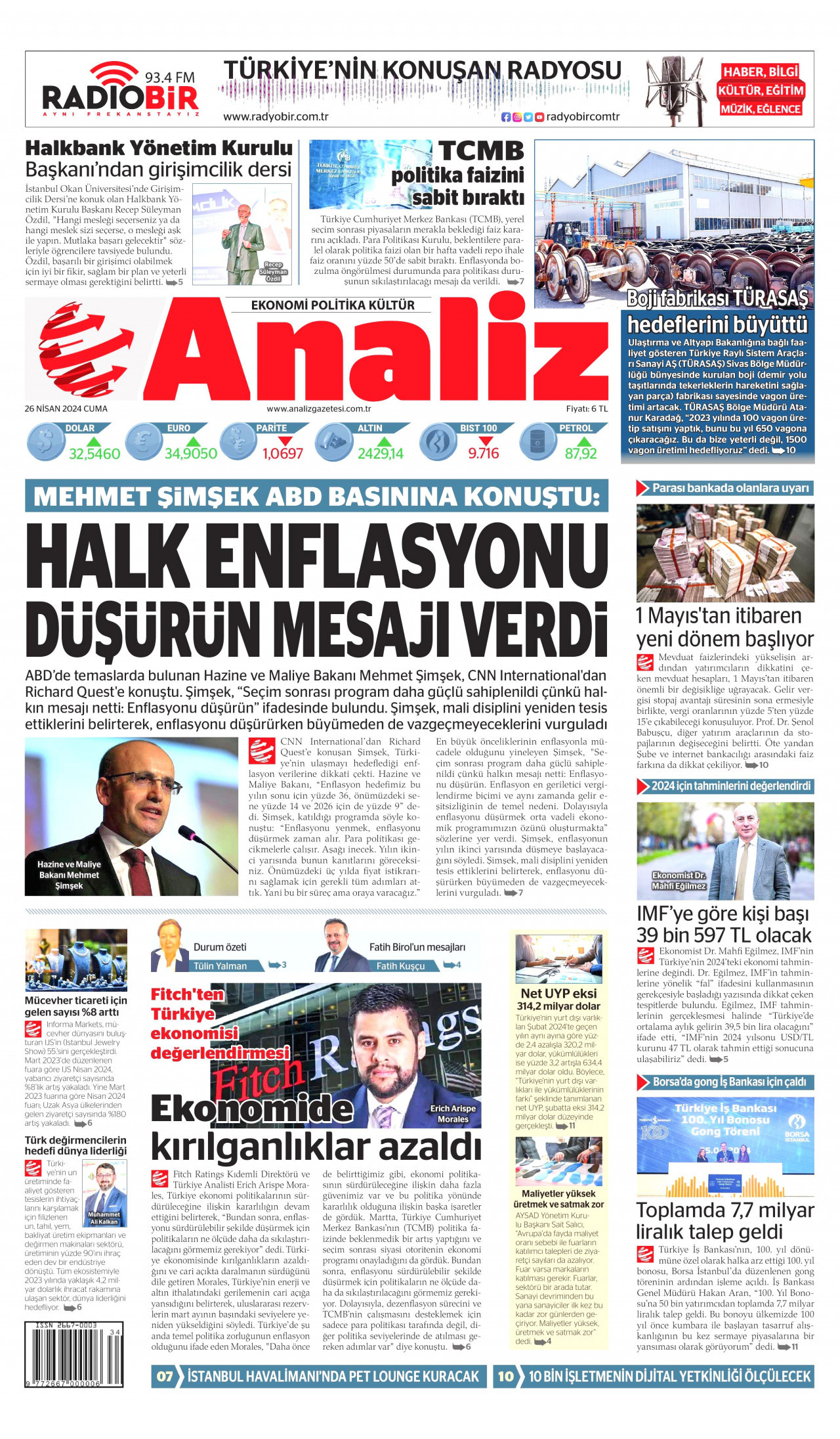 ANALİZ gazetesinin 26 Nisan 2024 tarihli birinci sayfası