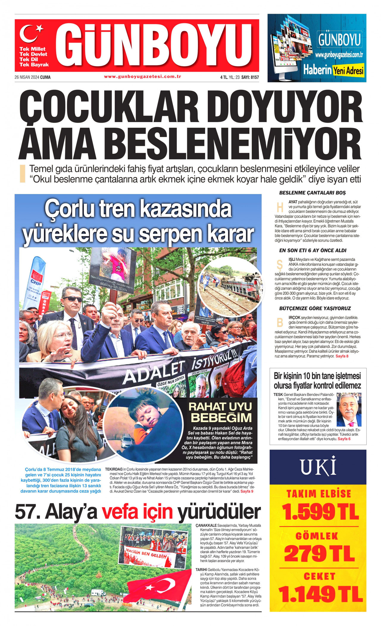 GÜNBOYU gazetesinin 26 Nisan 2024 tarihli birinci sayfası