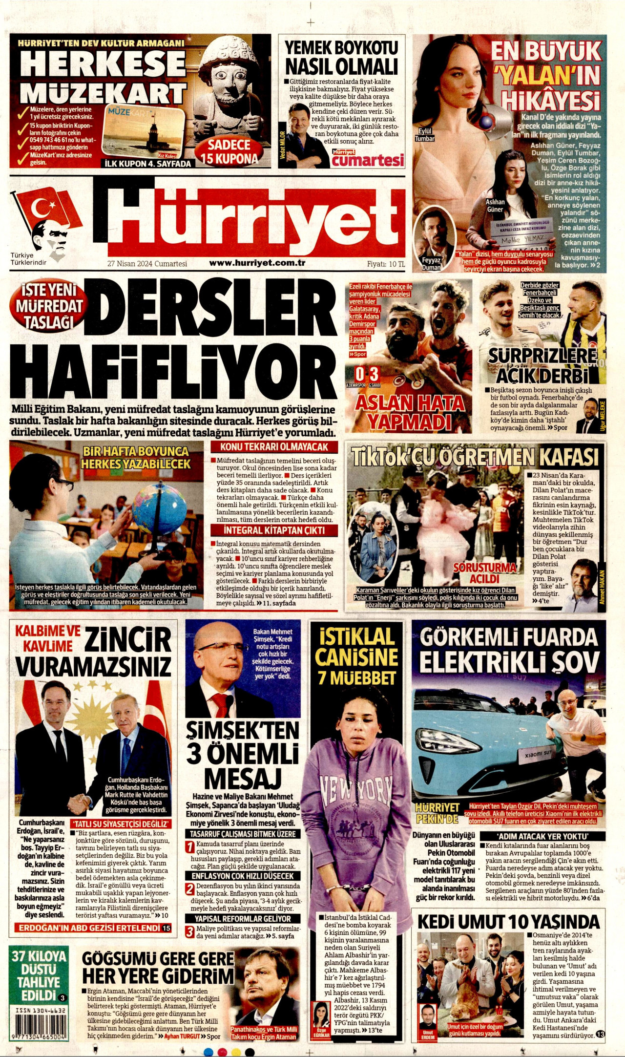 HÜRRİYET gazetesinin 27 Nisan 2024 tarihli birinci sayfası