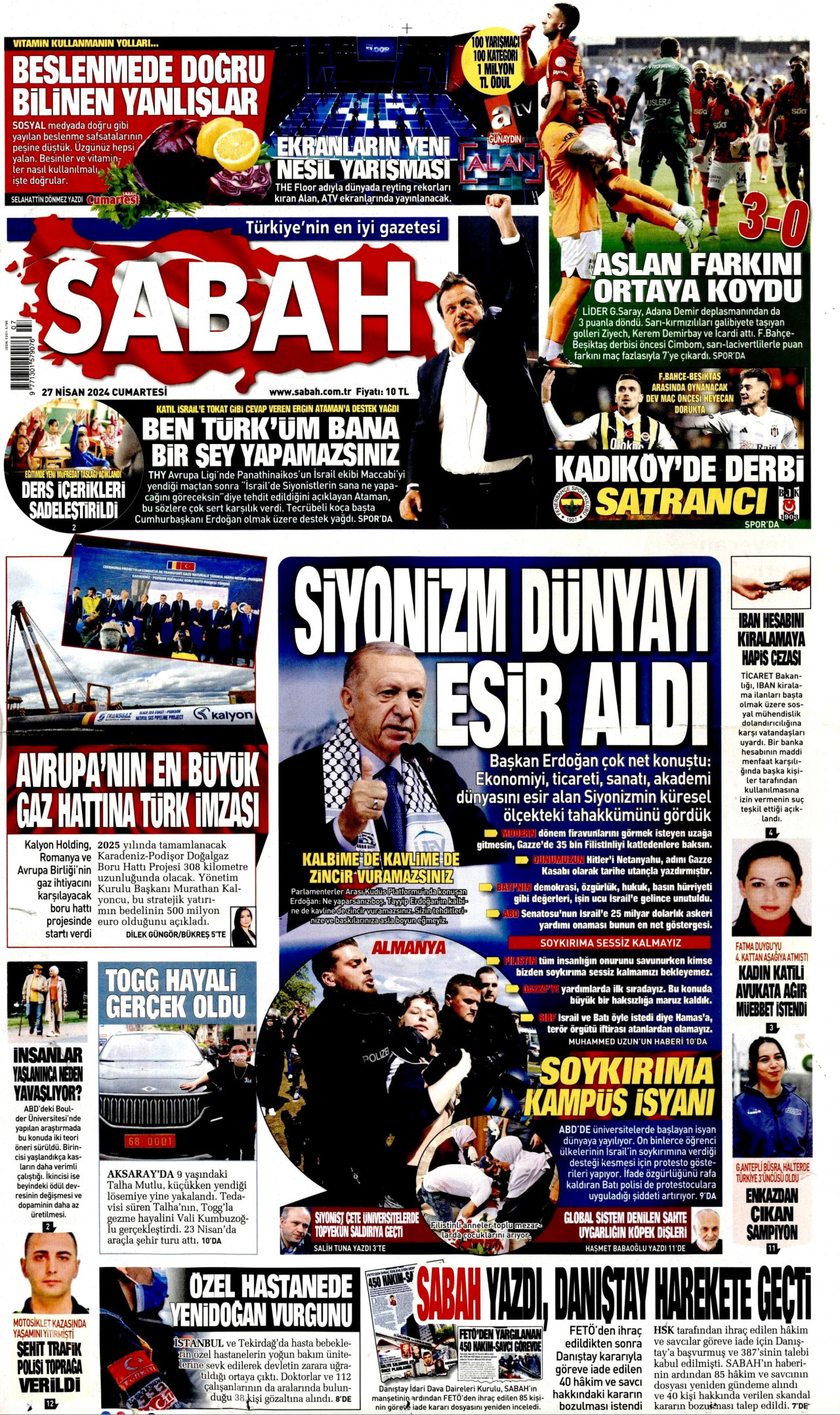 SABAH gazetesinin 27 Nisan 2024 tarihli birinci sayfası