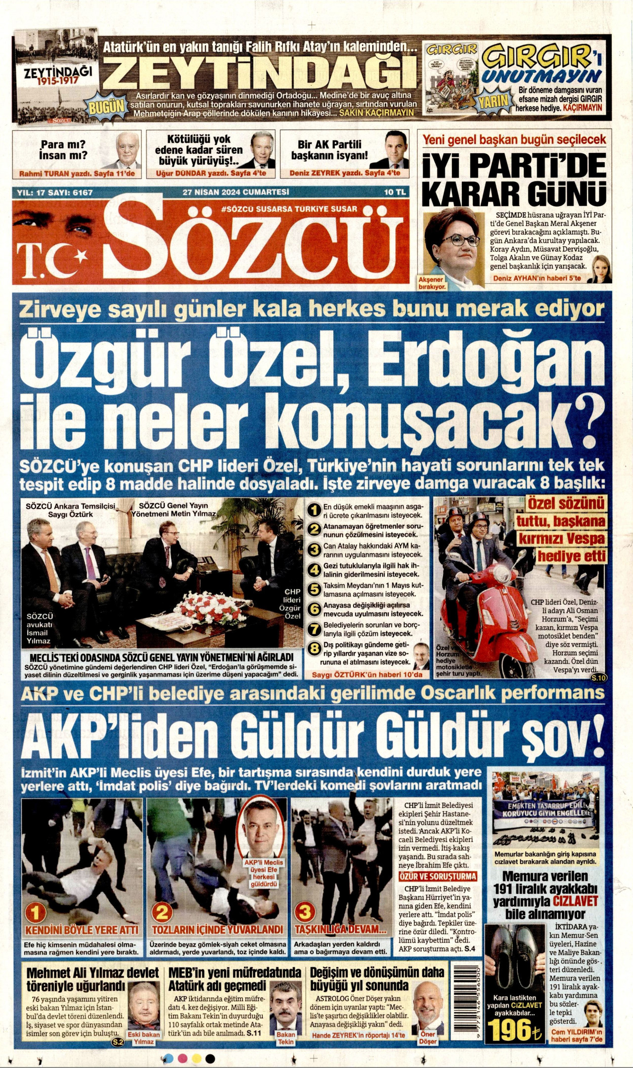 SÖZCÜ gazetesinin 27 Nisan 2024 tarihli birinci sayfası