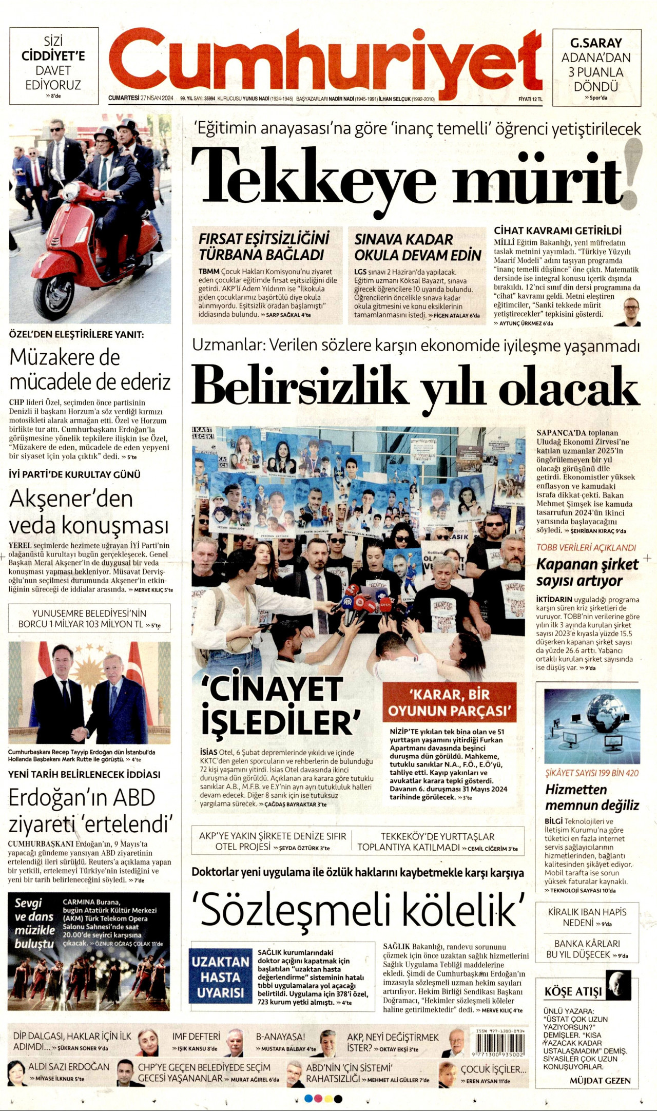 CUMHURİYET gazetesinin 27 Nisan 2024 tarihli birinci sayfası