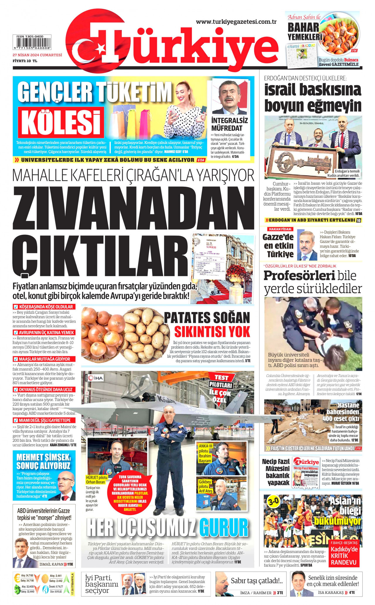 TÜRKİYE GAZETESİ gazetesinin 27 Nisan 2024 tarihli birinci sayfası