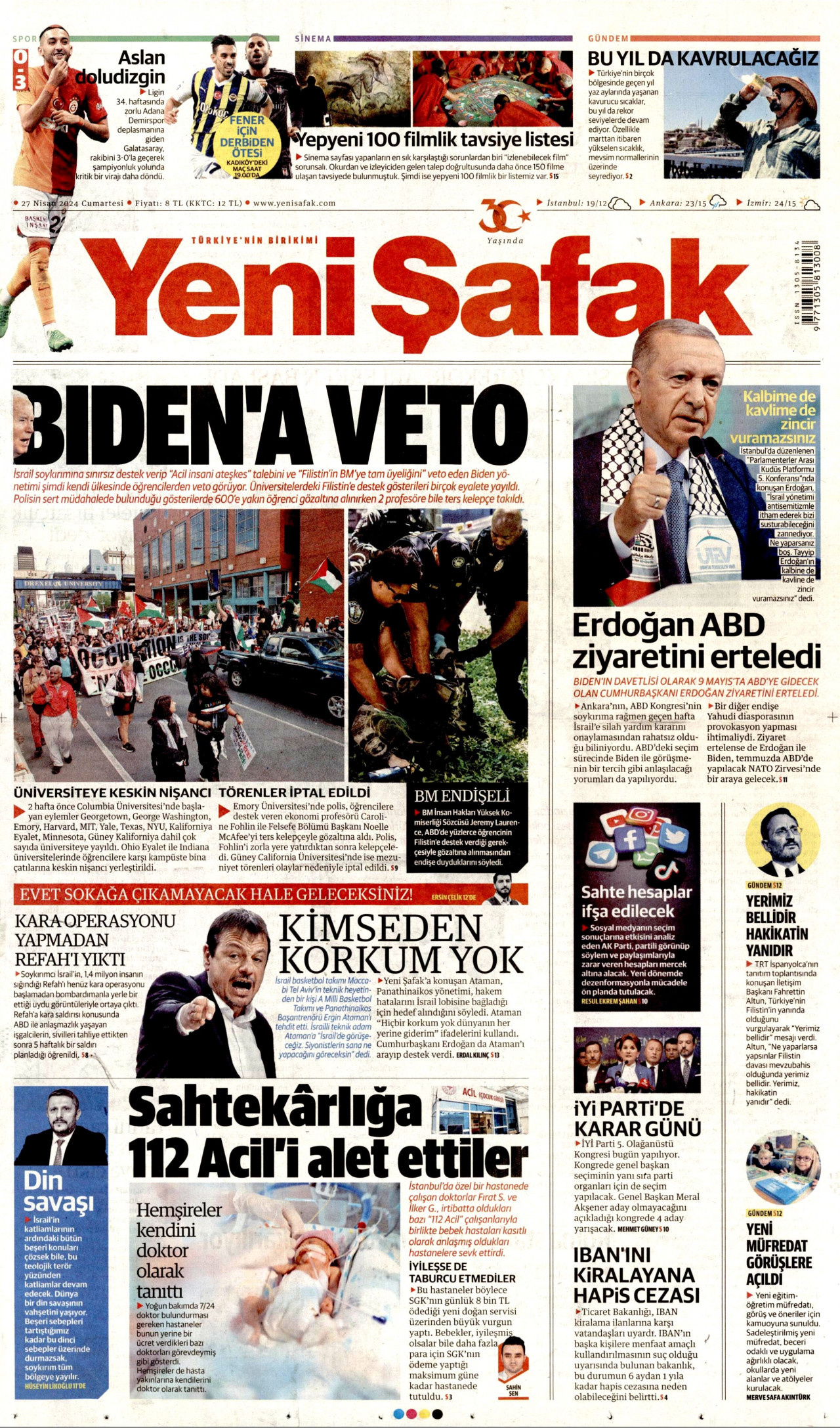 YENİ ŞAFAK gazetesinin 27 Nisan 2024 tarihli birinci sayfası