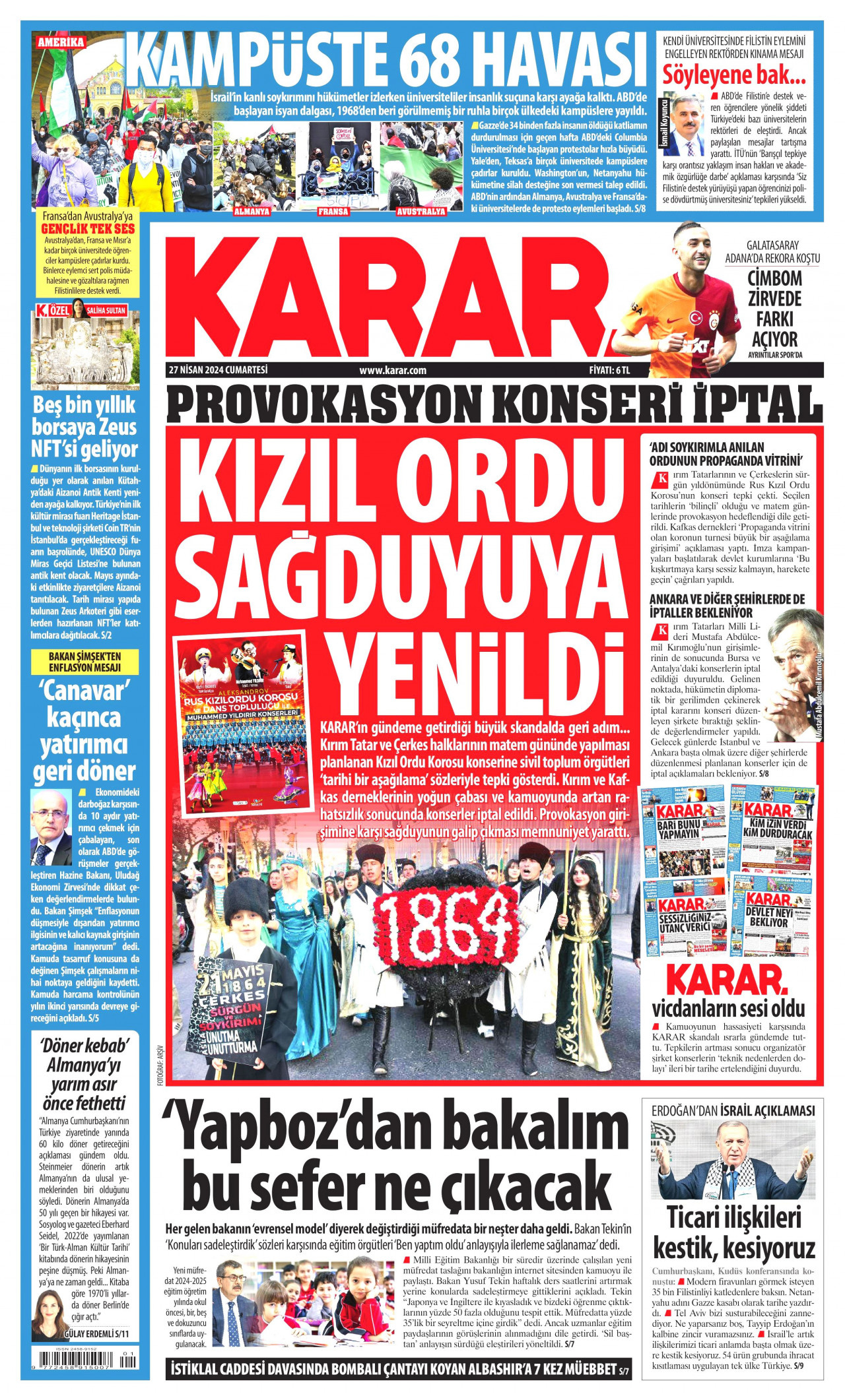 KARAR gazetesinin 27 Nisan 2024 tarihli birinci sayfası