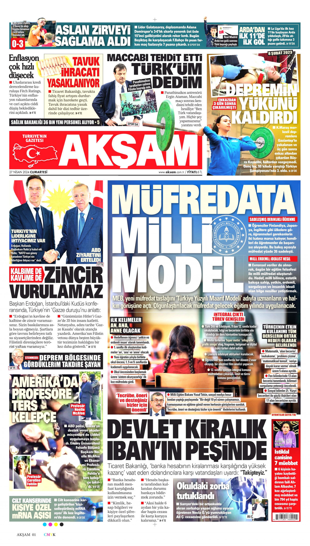 AKŞAM gazetesinin 27 Nisan 2024 tarihli birinci sayfası