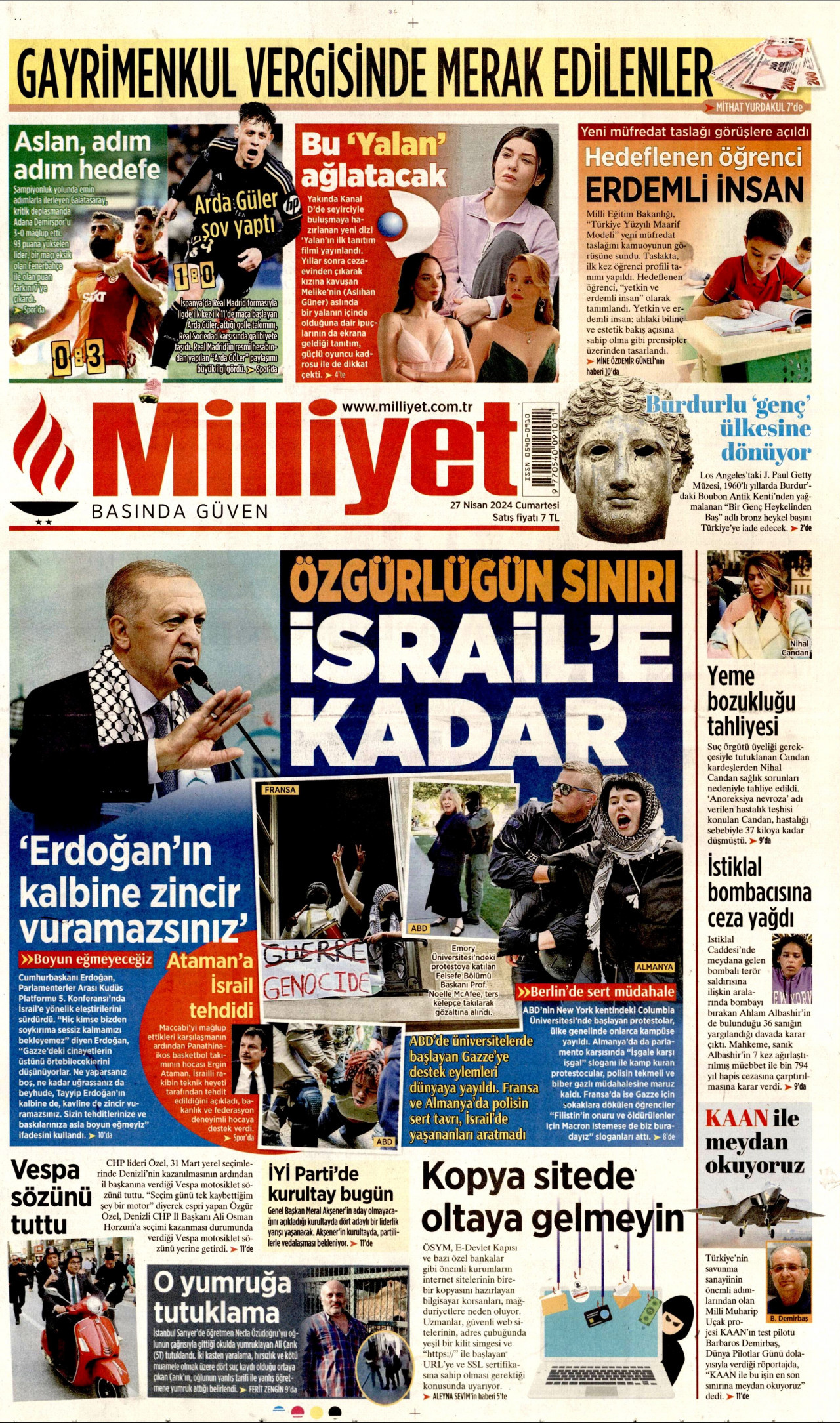 MİLLİYET gazetesinin 27 Nisan 2024 tarihli birinci sayfası