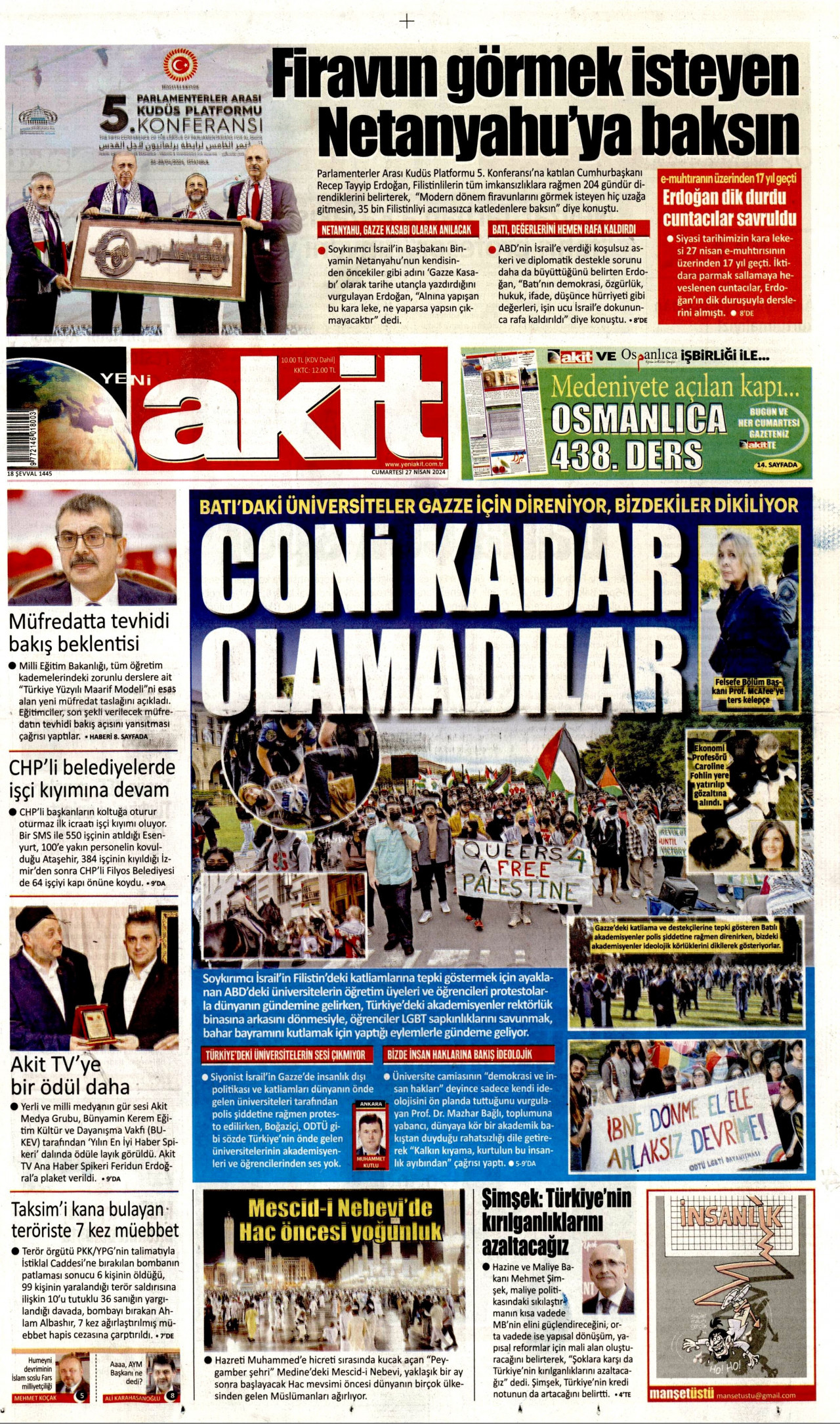 YENİ AKİT gazetesinin 27 Nisan 2024 tarihli birinci sayfası