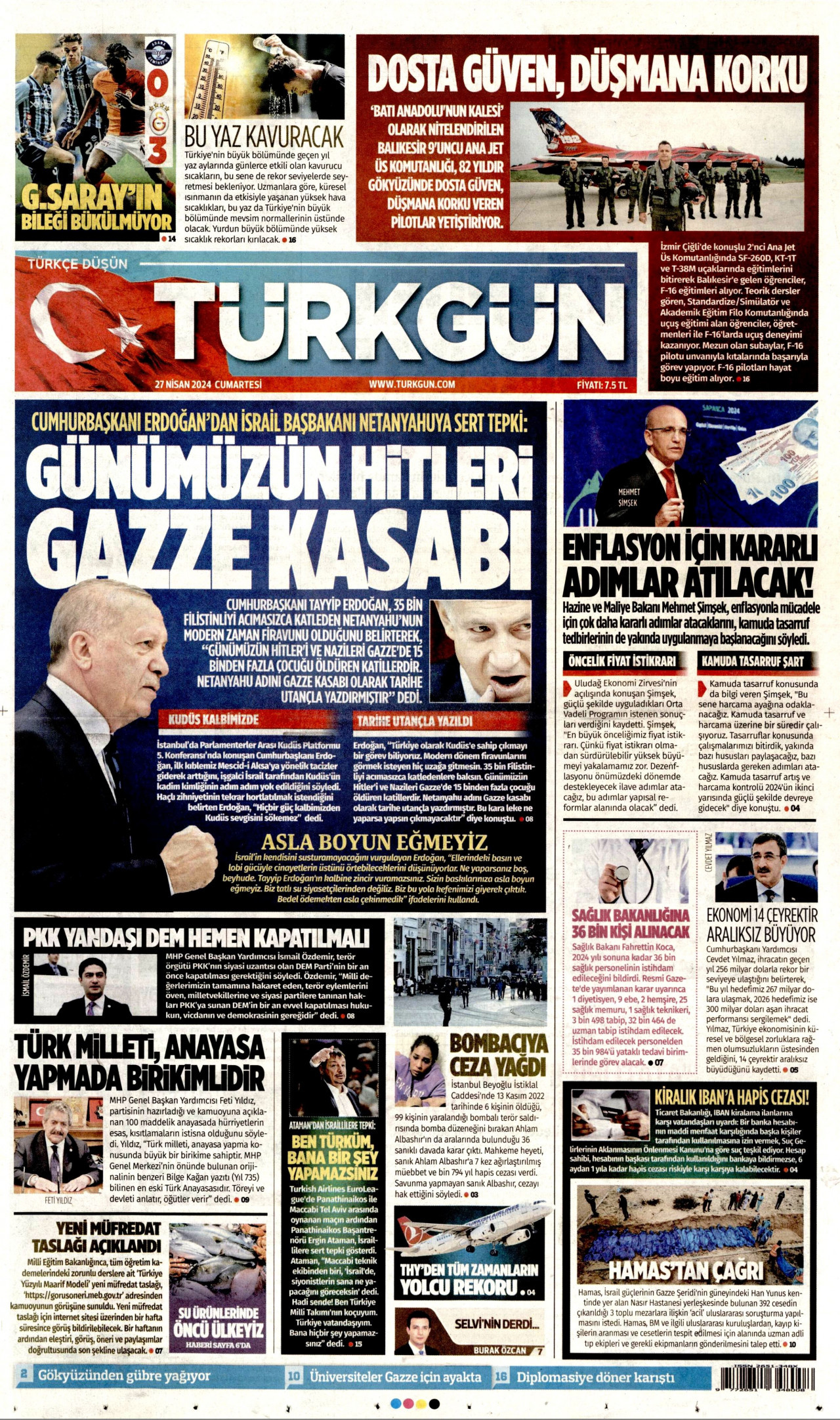 TÜRKGÜN gazetesinin 27 Nisan 2024 tarihli birinci sayfası