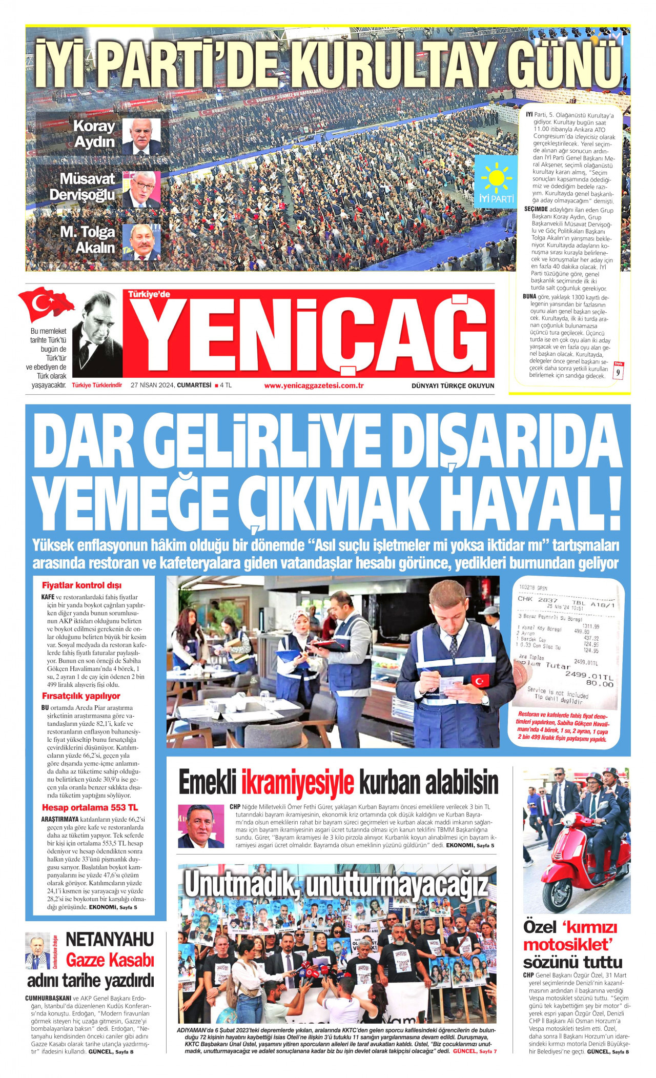 YENİÇAĞ gazetesinin 27 Nisan 2024 tarihli birinci sayfası