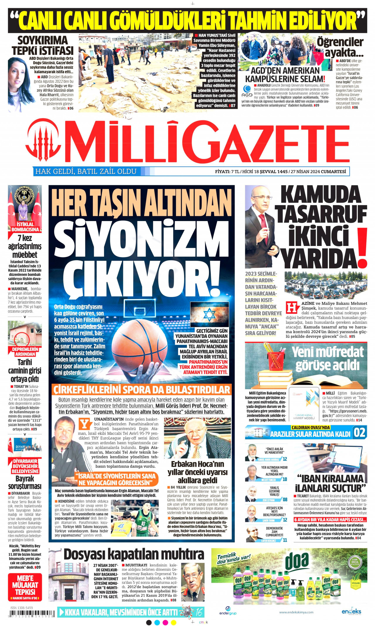 MİLLİ GAZETE gazetesinin 27 Nisan 2024 tarihli birinci sayfası