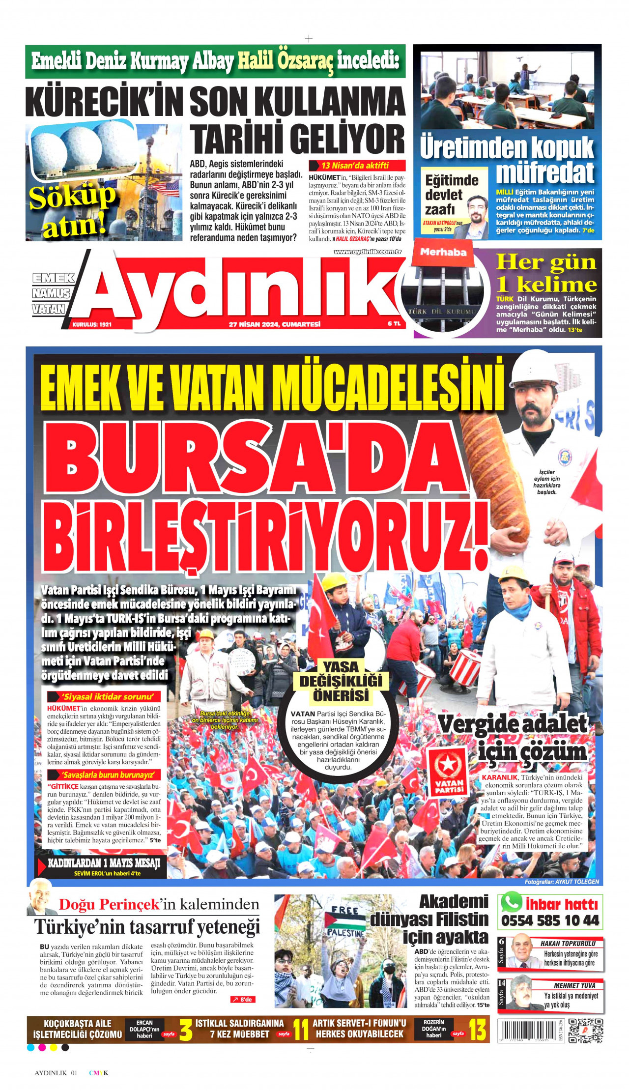 AYDINLIK GAZETESİ gazetesinin 27 Nisan 2024 tarihli birinci sayfası